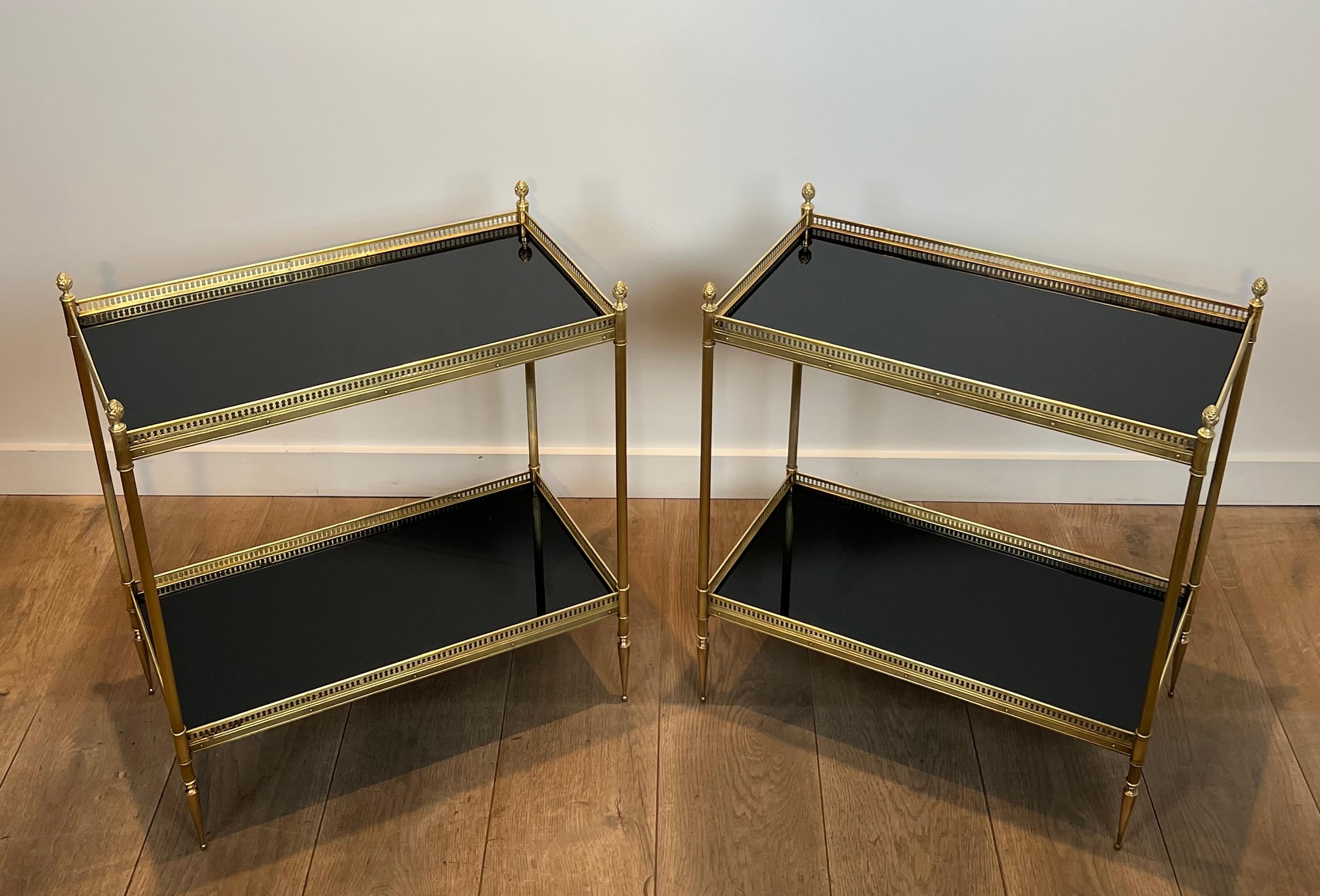 Pair of Neoclassical Style Brass Side Tables with Black Lacquered Tops by Maison 14