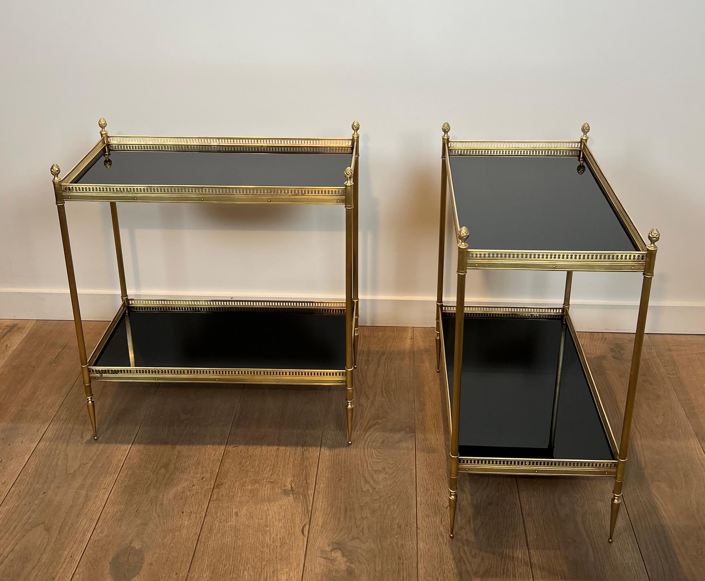 French Pair of Neoclassical Style Brass Side Tables with Black Lacquered Tops by Maison