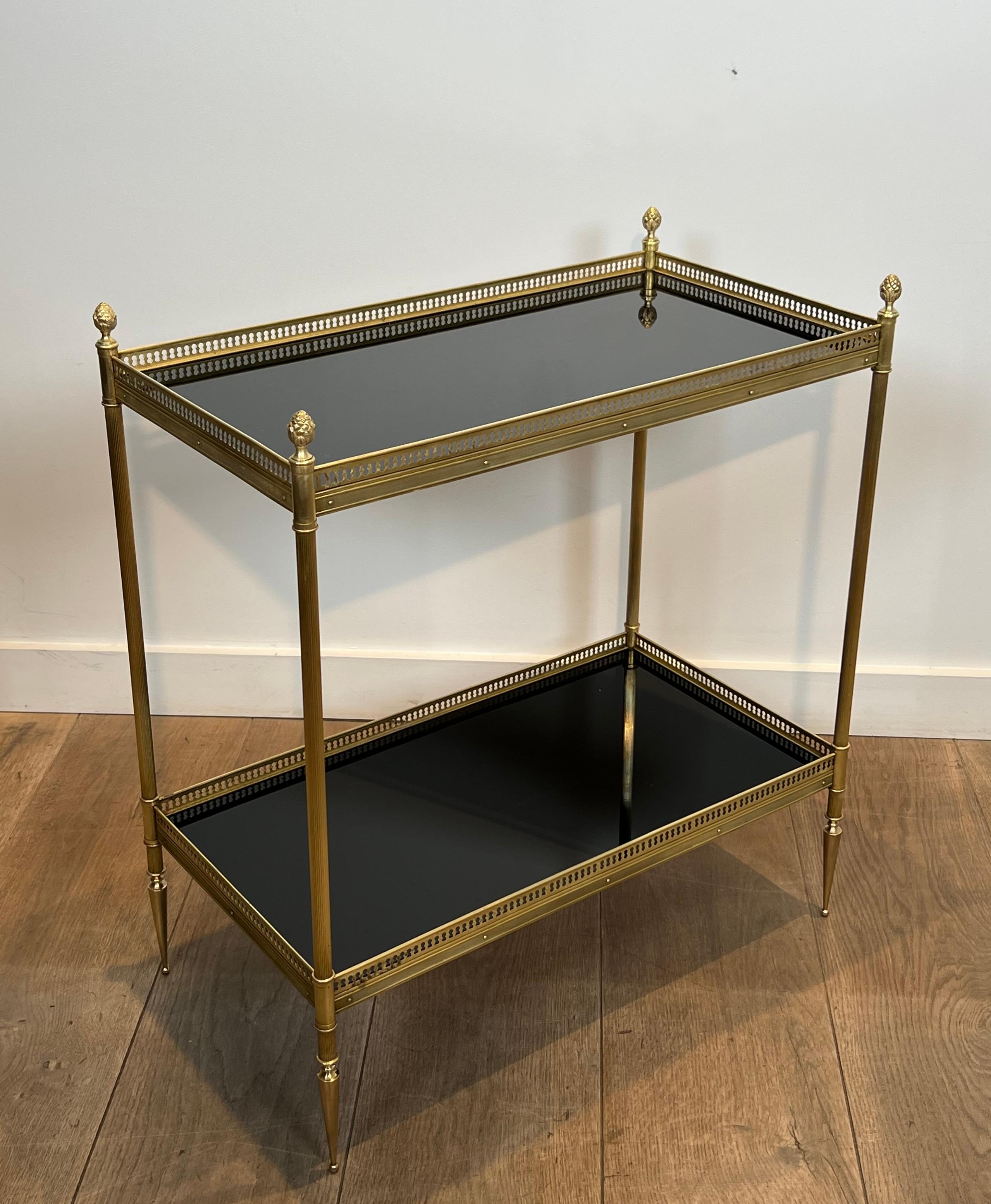 Mid-20th Century Pair of Neoclassical Style Brass Side Tables with Black Lacquered Tops by Maison