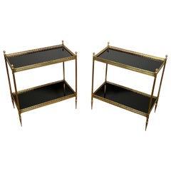 Pair of Neoclassical Style Brass Side Tables with Black Lacquered Tops by Maison