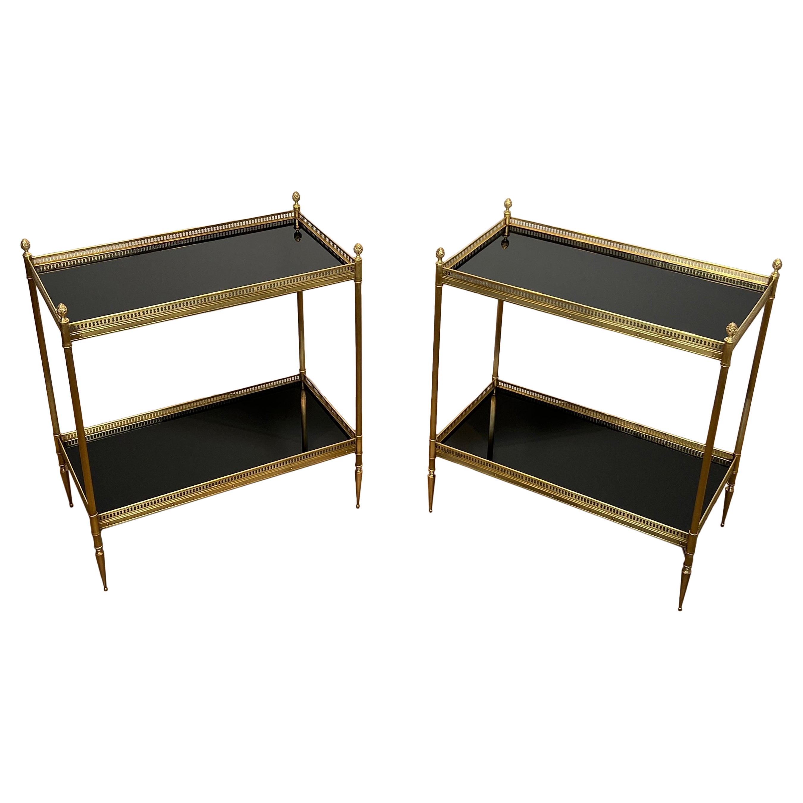 Pair of Neoclassical Style Brass Side Tables with Black Lacquered Tops by Maison