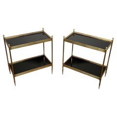 Pair of Neoclassical Style Brass Side Tables with Black Lacquered Tops by Maison