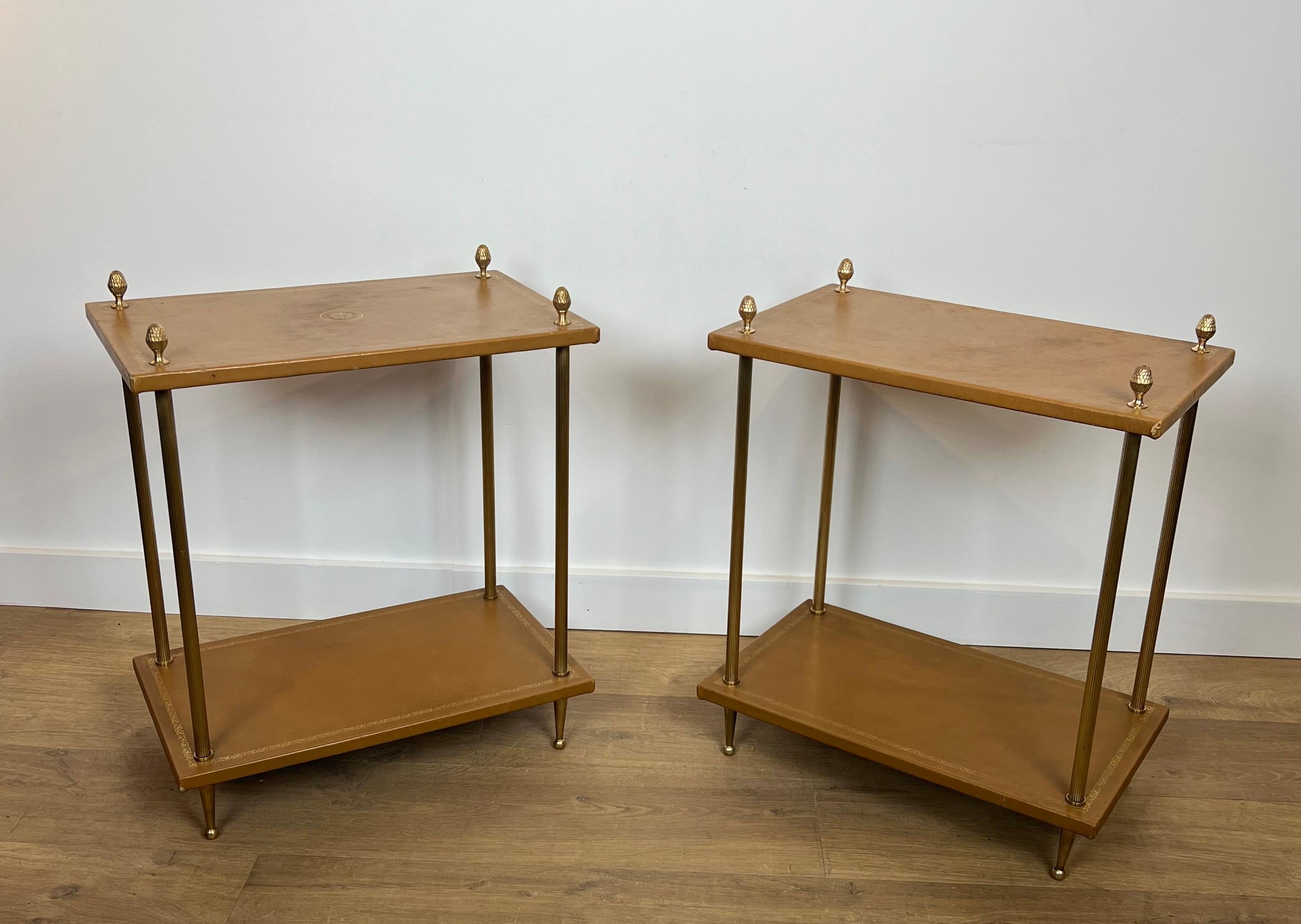 Pair of Neoclassical Style Brass Side Tables with Fawn Leather Trays Tops by For Sale 7