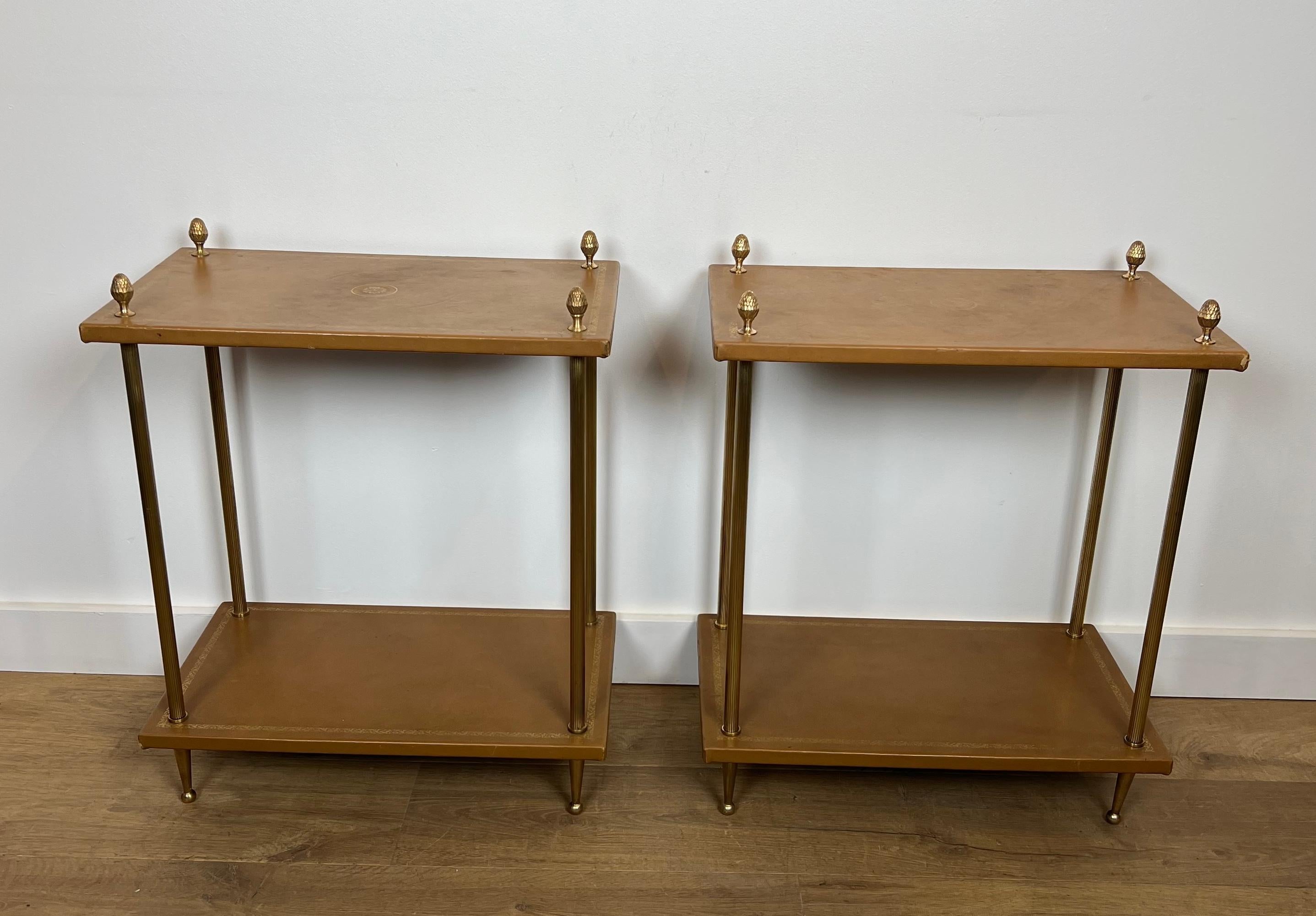 Pair of Neoclassical Style Brass Side Tables with Fawn Leather Trays Tops by For Sale 8