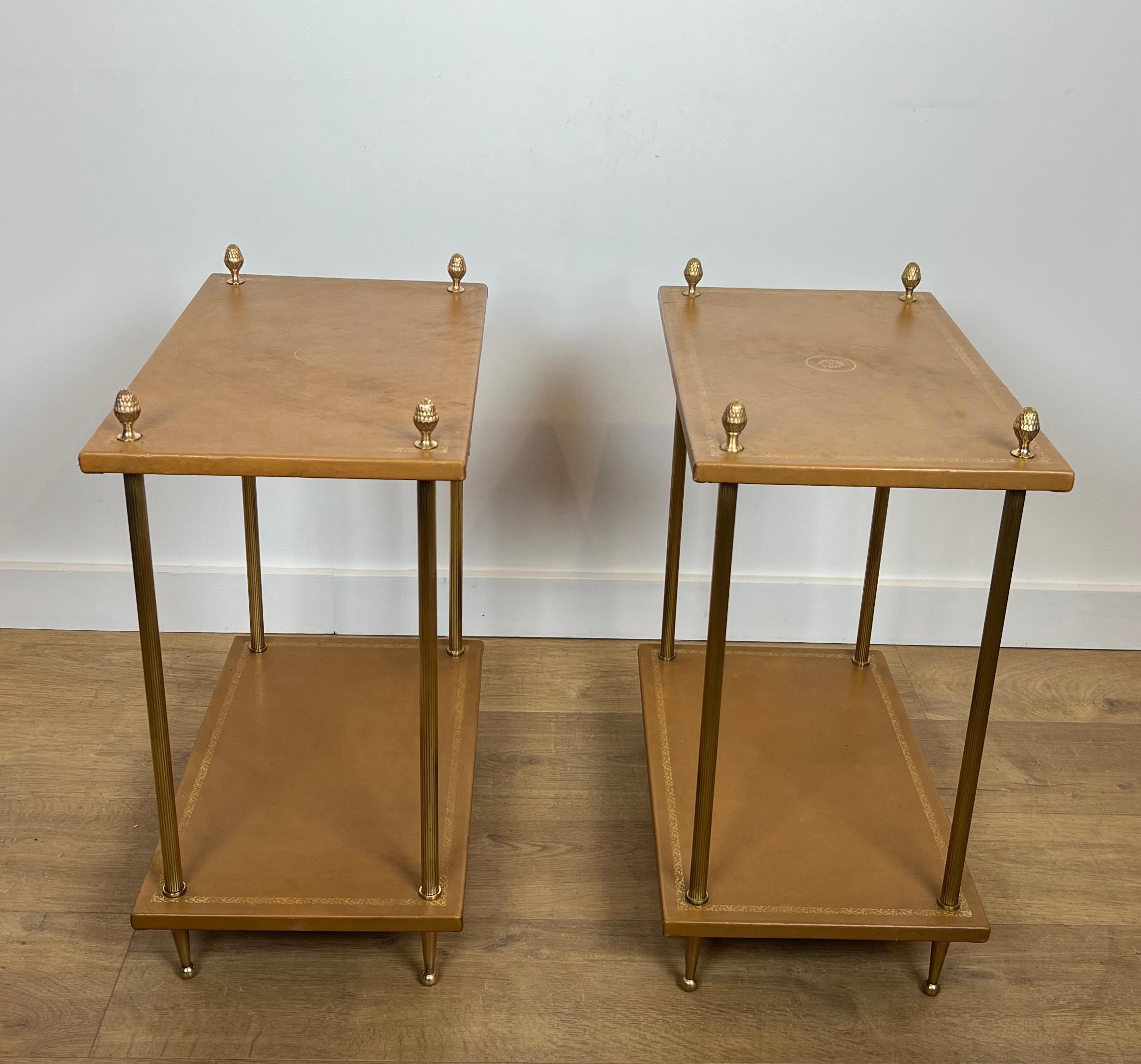 Pair of Neoclassical Style Brass Side Tables with Fawn Leather Trays Tops by For Sale 9