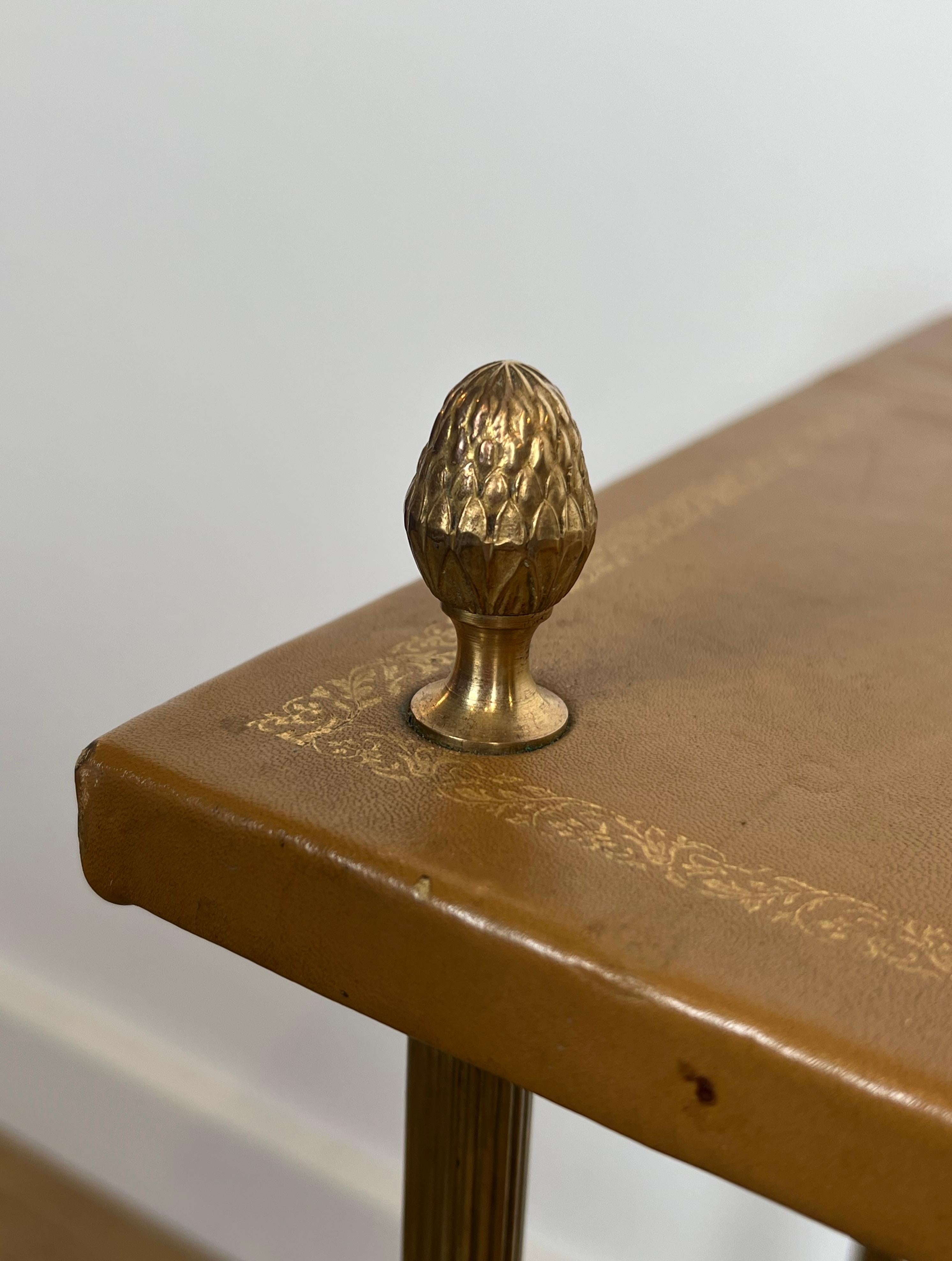 Pair of Neoclassical Style Brass Side Tables with Fawn Leather Trays Tops by For Sale 12