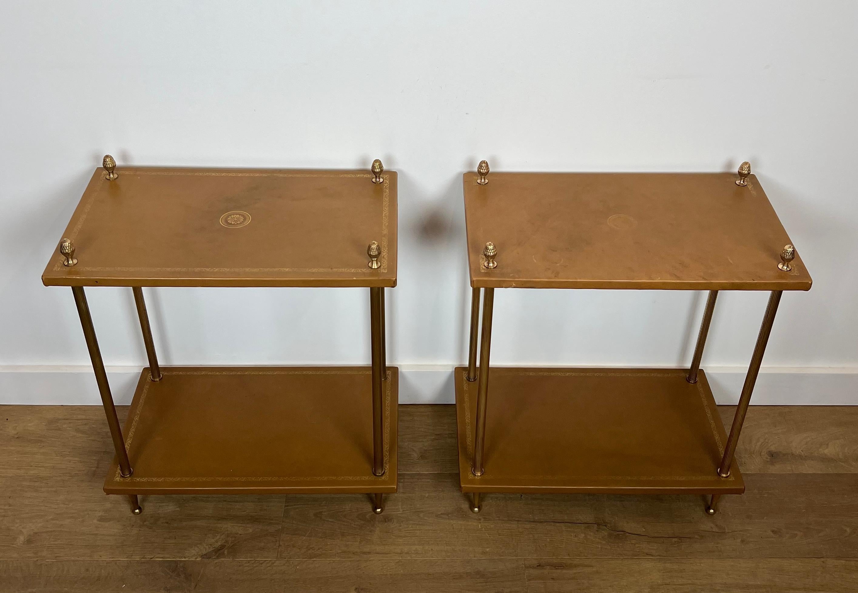 Pair of Neoclassical Style Brass Side Tables with Fawn Leather Trays Tops by For Sale 15
