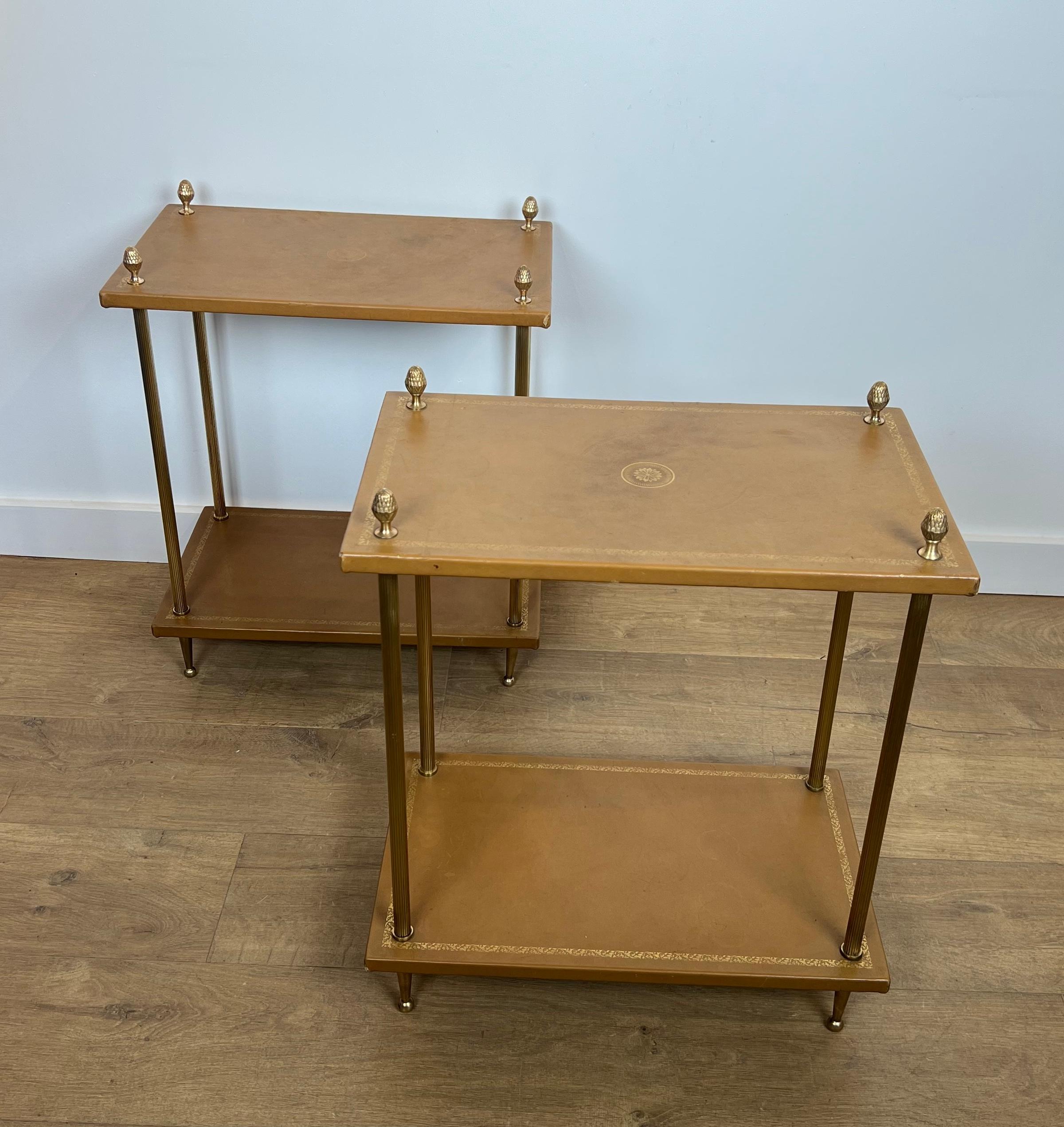 French Pair of Neoclassical Style Brass Side Tables with Fawn Leather Trays Tops by For Sale
