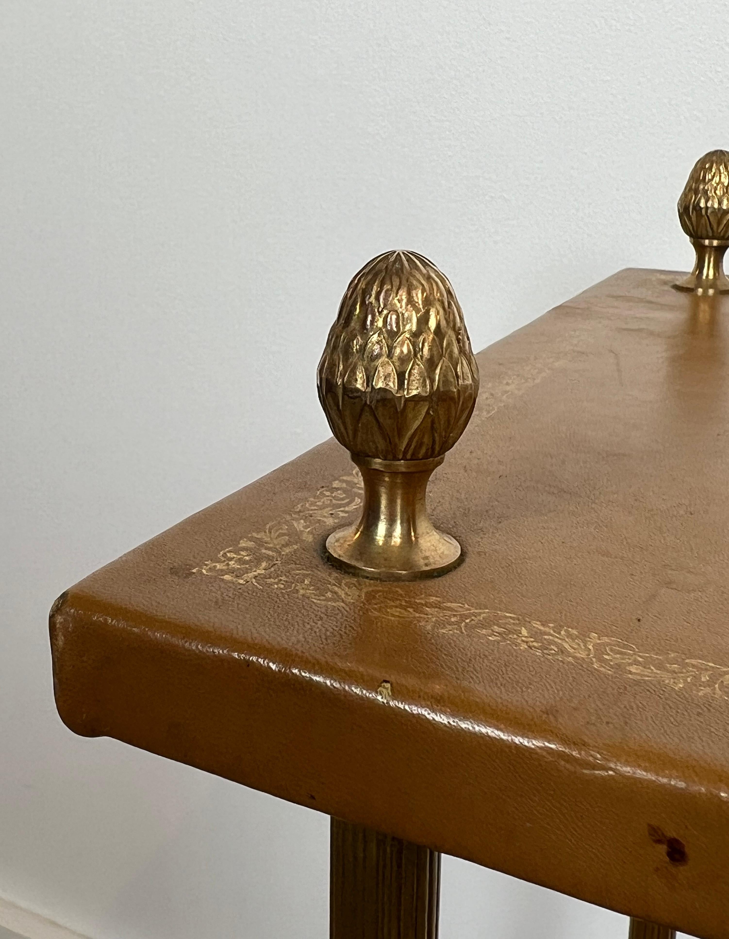 Pair of Neoclassical Style Brass Side Tables with Fawn Leather Trays Tops by For Sale 3
