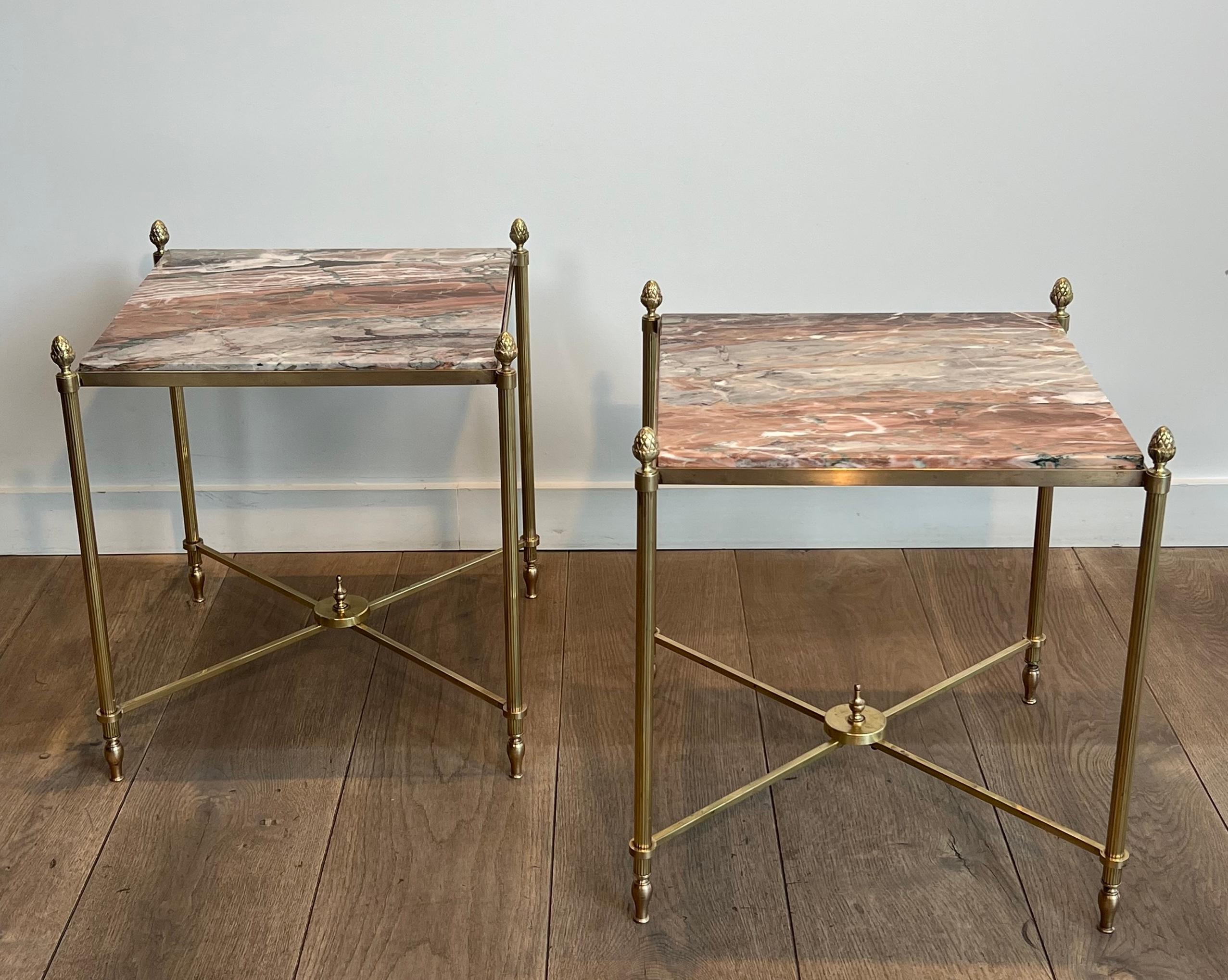 Pair of Neoclassical Style Brass Side Tables with Marble Tops by Maison Jansen For Sale 7