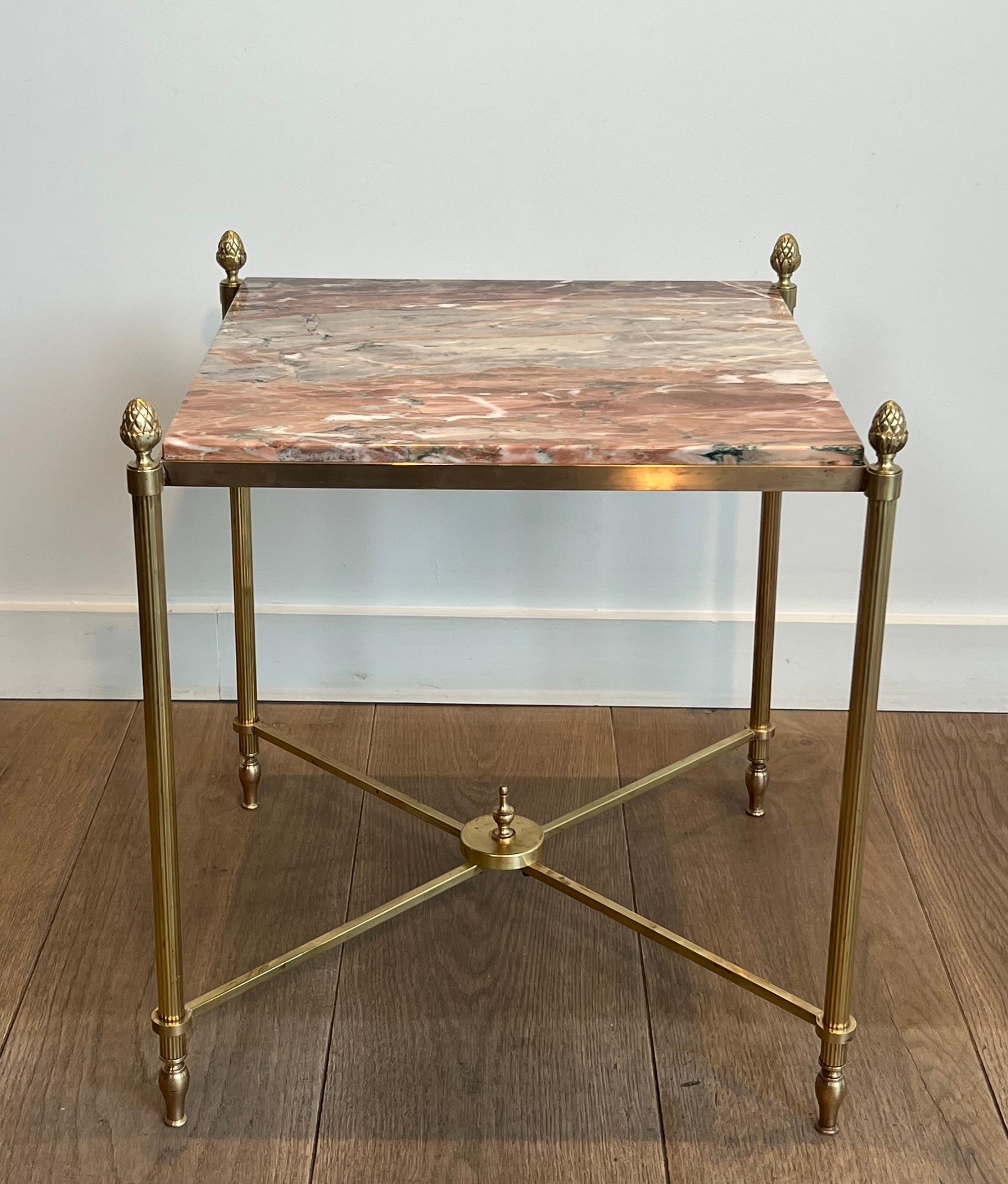 Pair of Neoclassical Style Brass Side Tables with Marble Tops by Maison Jansen For Sale 8