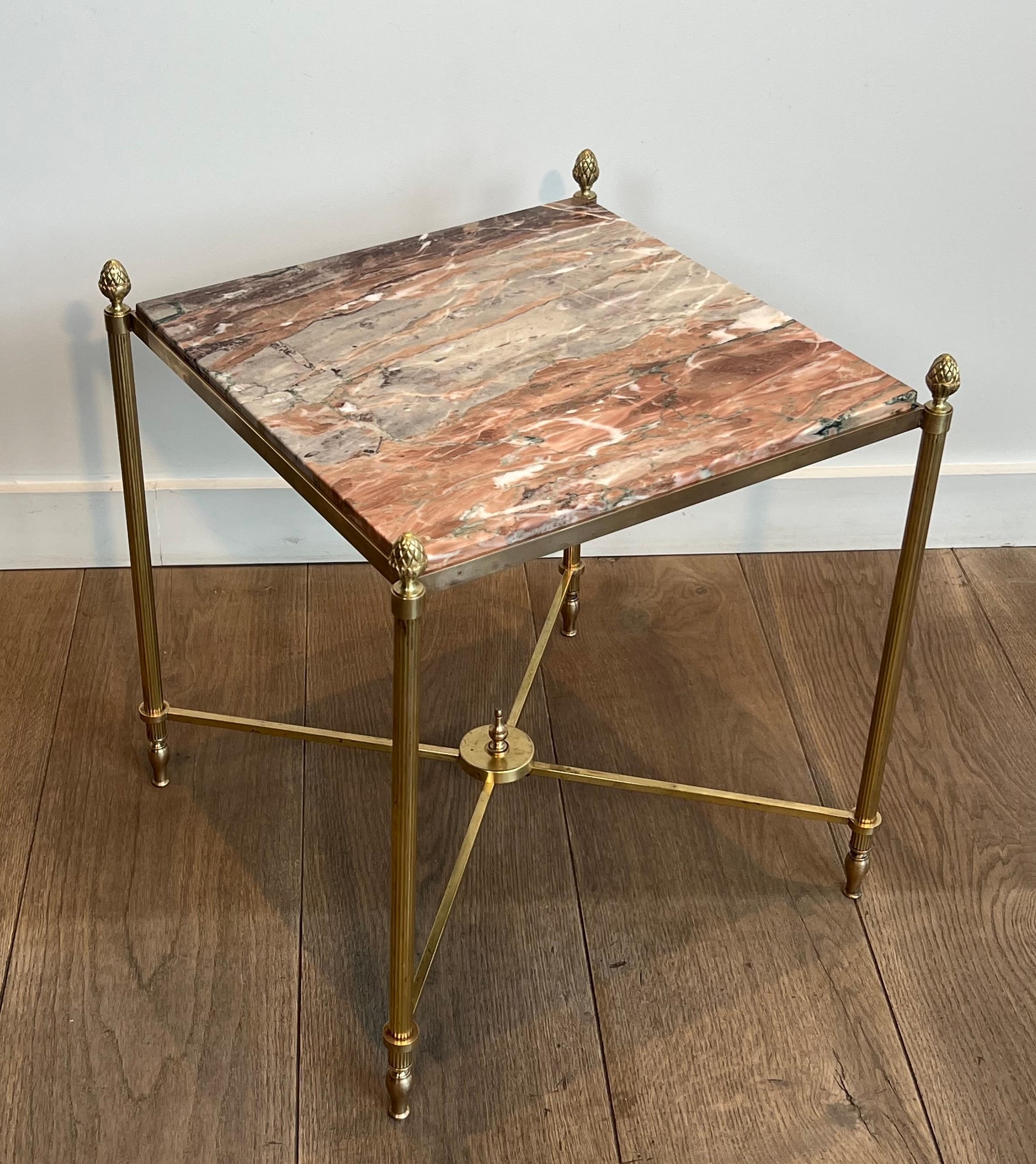 Pair of Neoclassical Style Brass Side Tables with Marble Tops by Maison Jansen For Sale 9