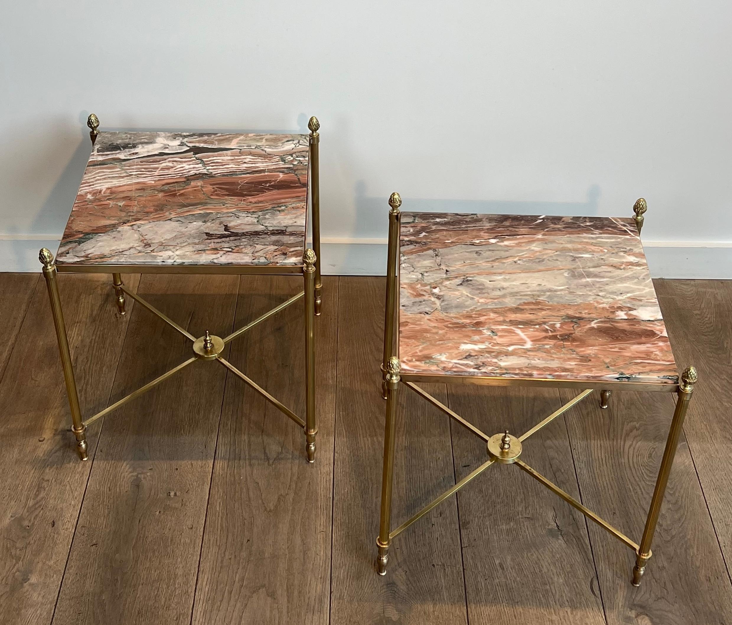 Pair of Neoclassical Style Brass Side Tables with Marble Tops by Maison Jansen For Sale 13
