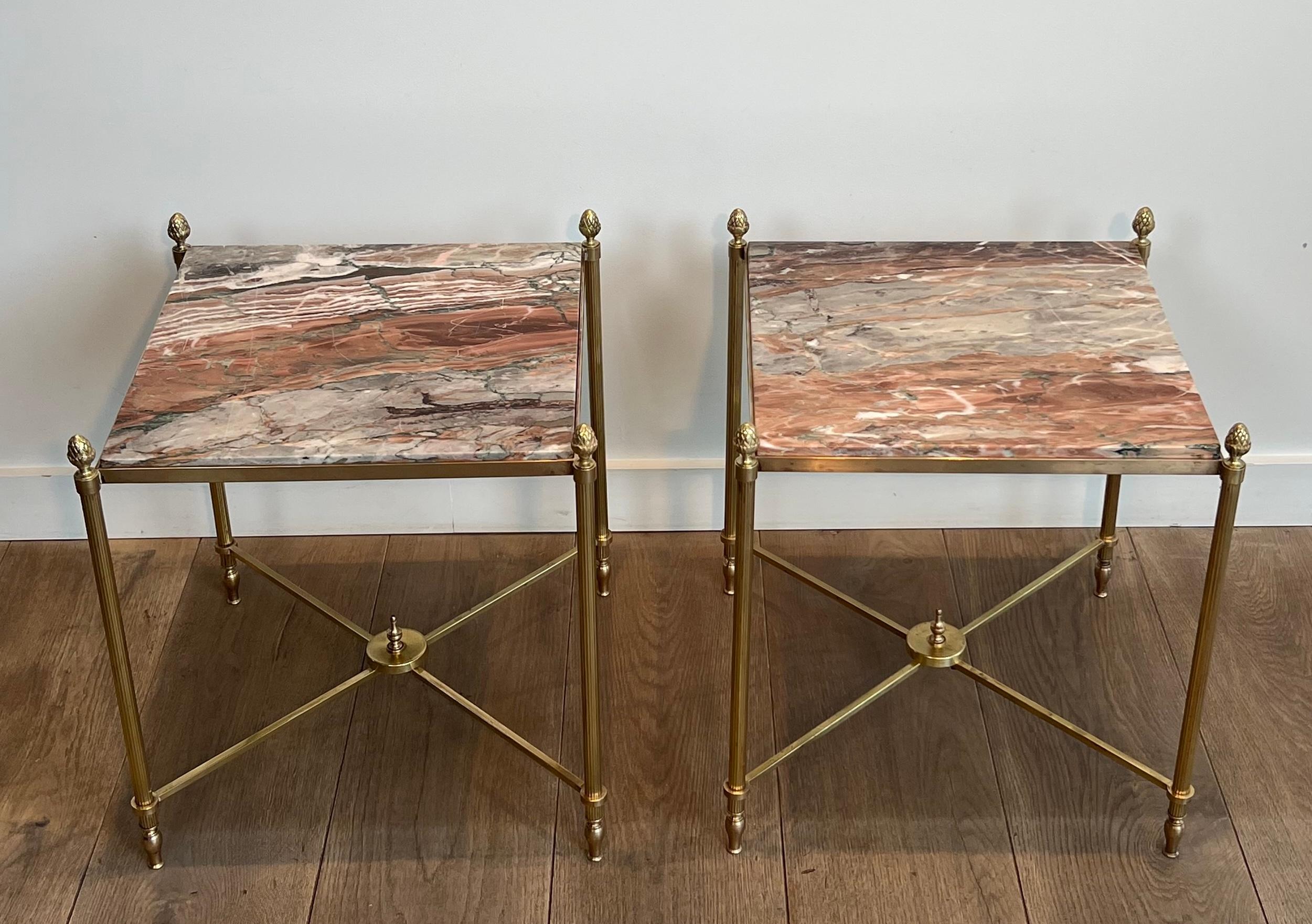 Pair of Neoclassical Style Brass Side Tables with Marble Tops by Maison Jansen For Sale 14