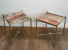 Pair of Neoclassical Style Brass Side Tables with Marble Tops by Maison Jansen