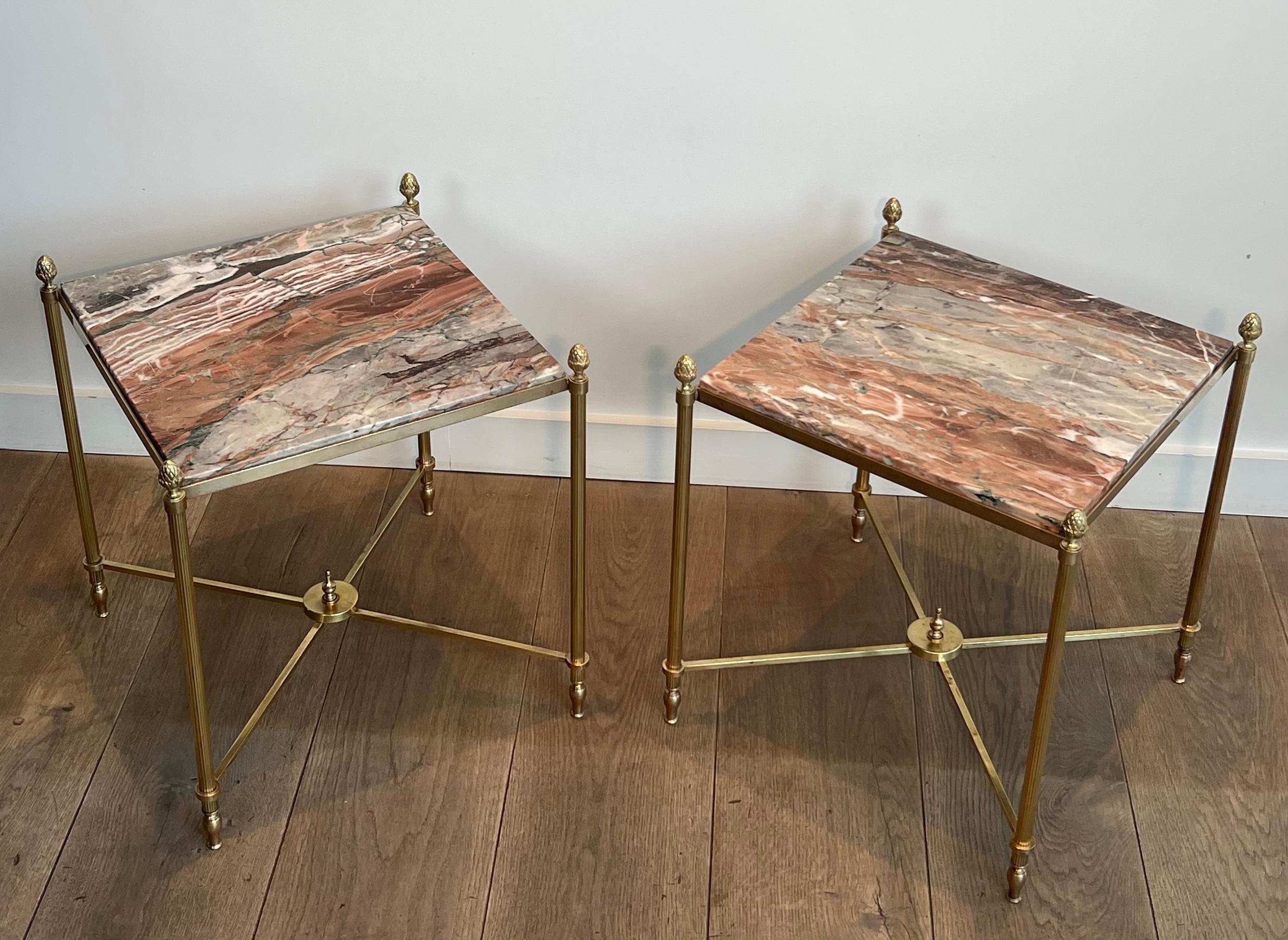 Pair of Neoclassical Style Brass Side Tables with Marble Tops by Maison Jansen For Sale 15