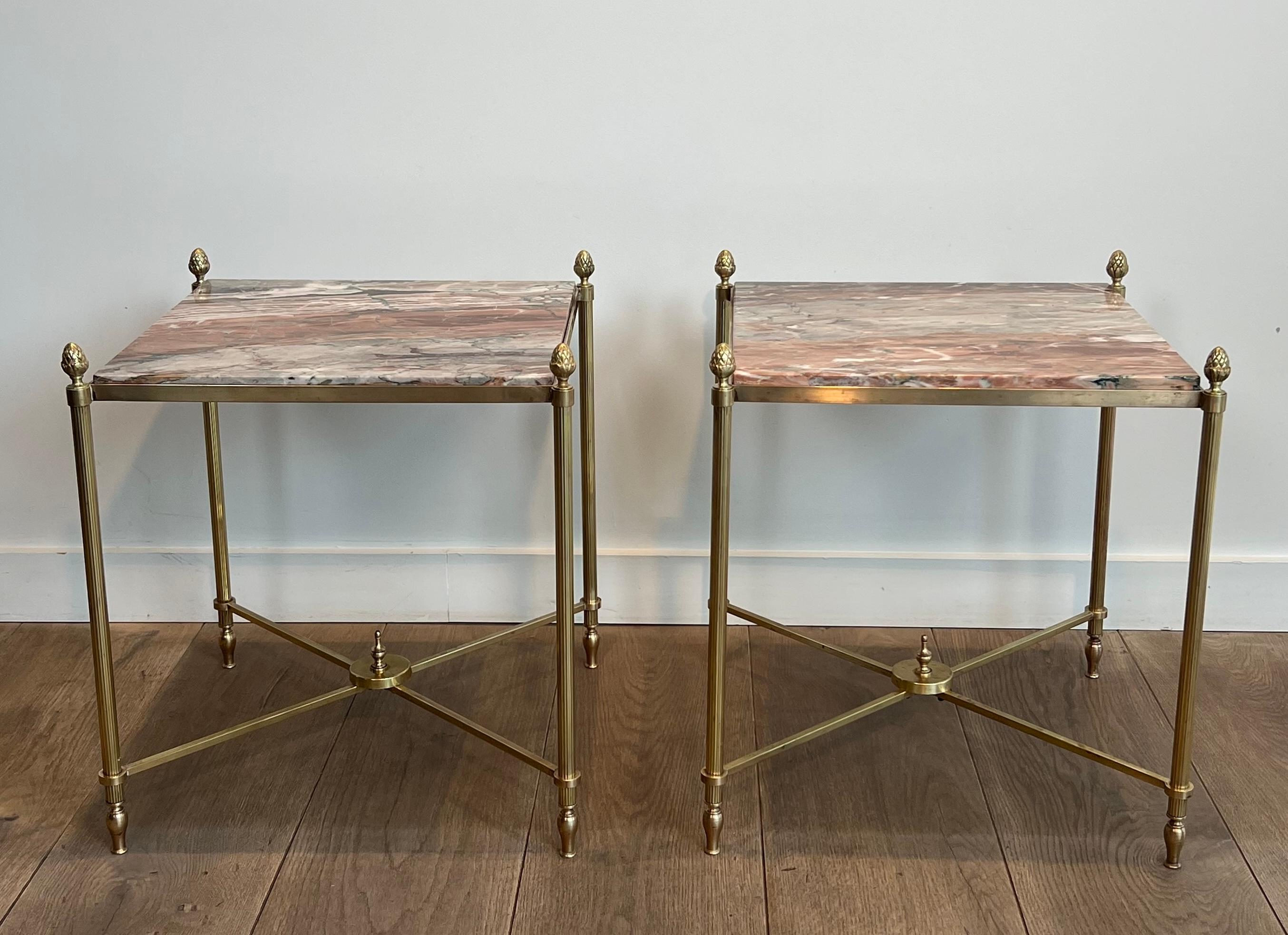 French Pair of Neoclassical Style Brass Side Tables with Marble Tops by Maison Jansen For Sale
