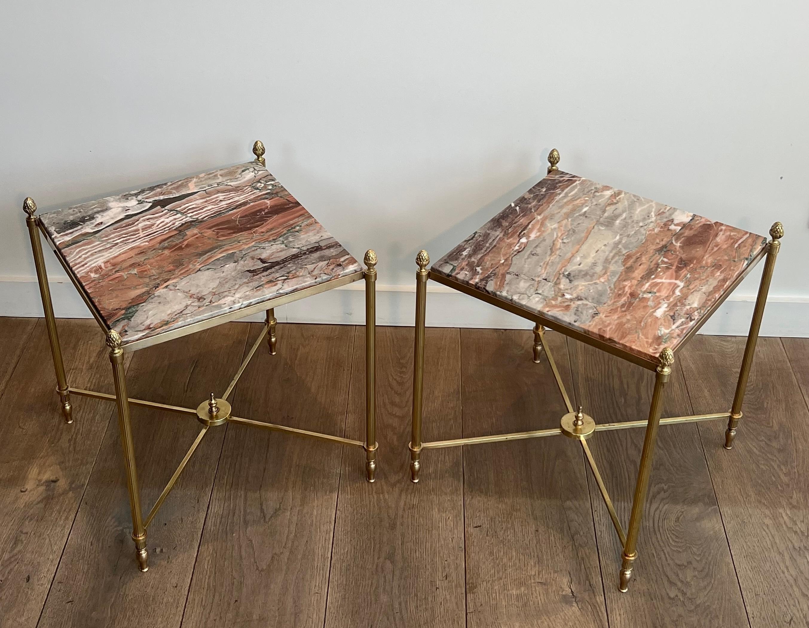 Pair of Neoclassical Style Brass Side Tables with Marble Tops by Maison Jansen In Good Condition For Sale In Marcq-en-Barœul, Hauts-de-France