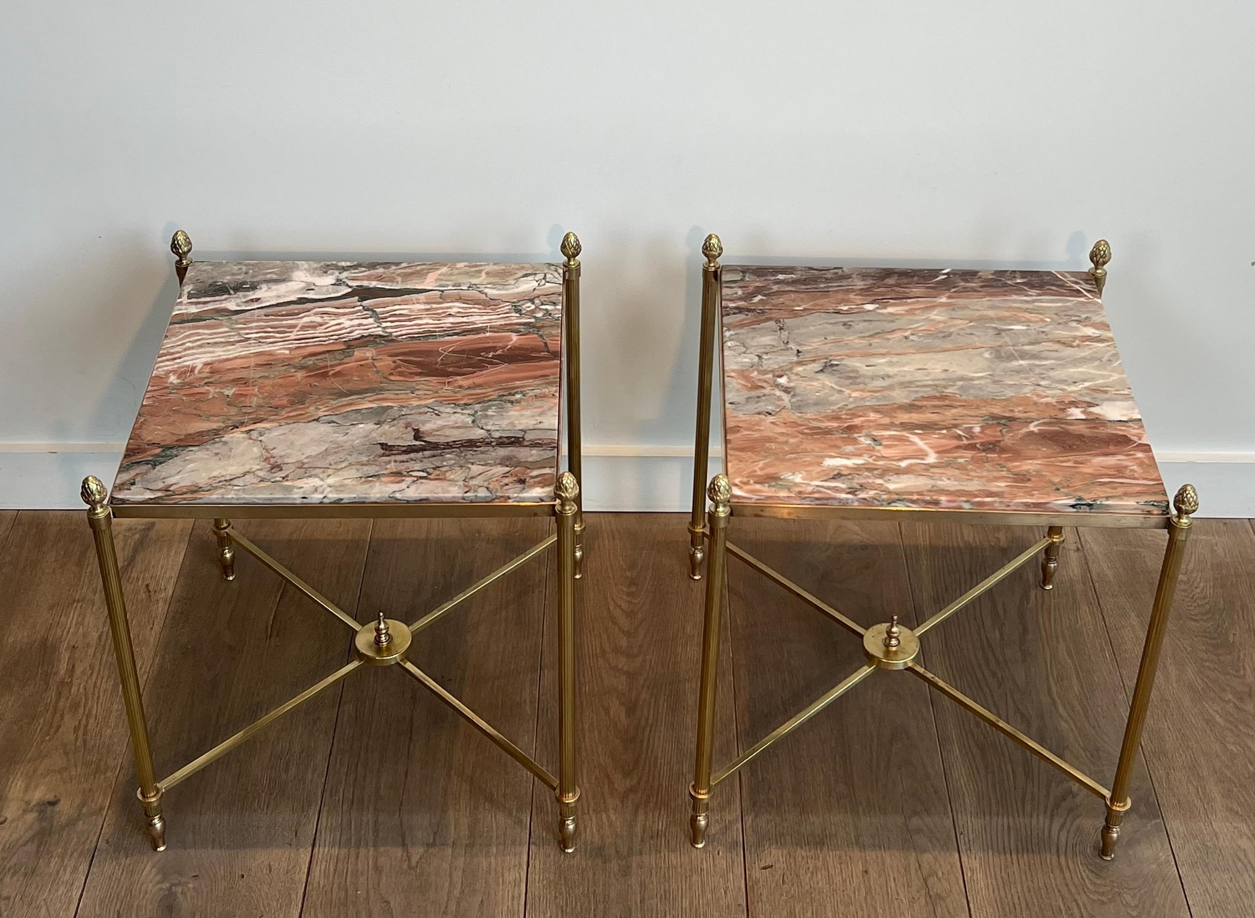 Mid-20th Century Pair of Neoclassical Style Brass Side Tables with Marble Tops by Maison Jansen For Sale