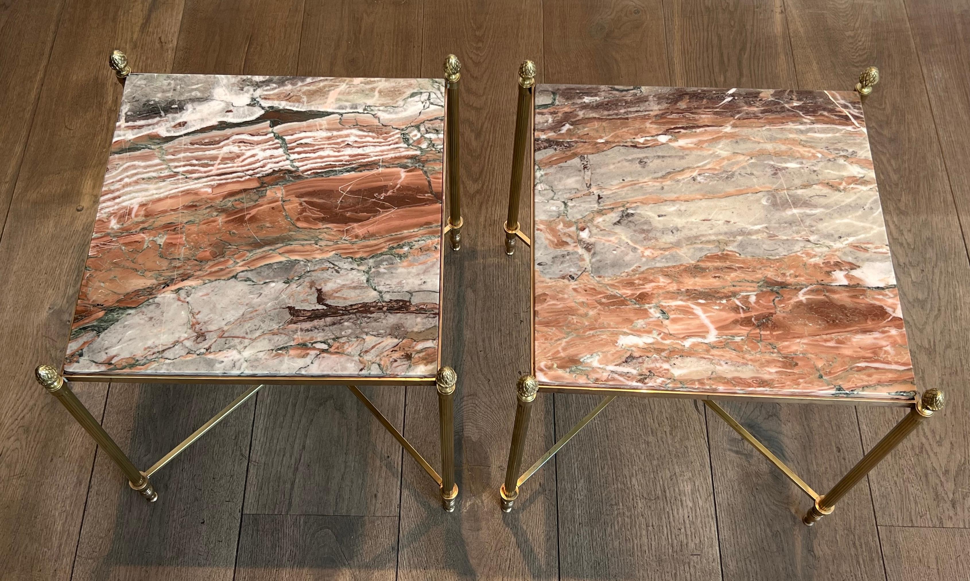 Pair of Neoclassical Style Brass Side Tables with Marble Tops by Maison Jansen For Sale 1