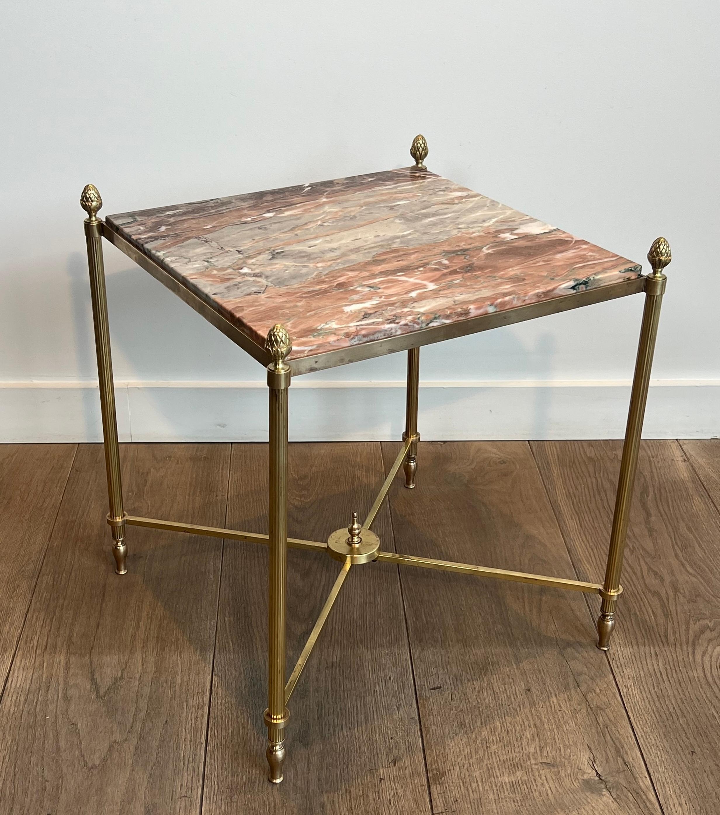 Pair of Neoclassical Style Brass Side Tables with Marble Tops by Maison Jansen For Sale 2