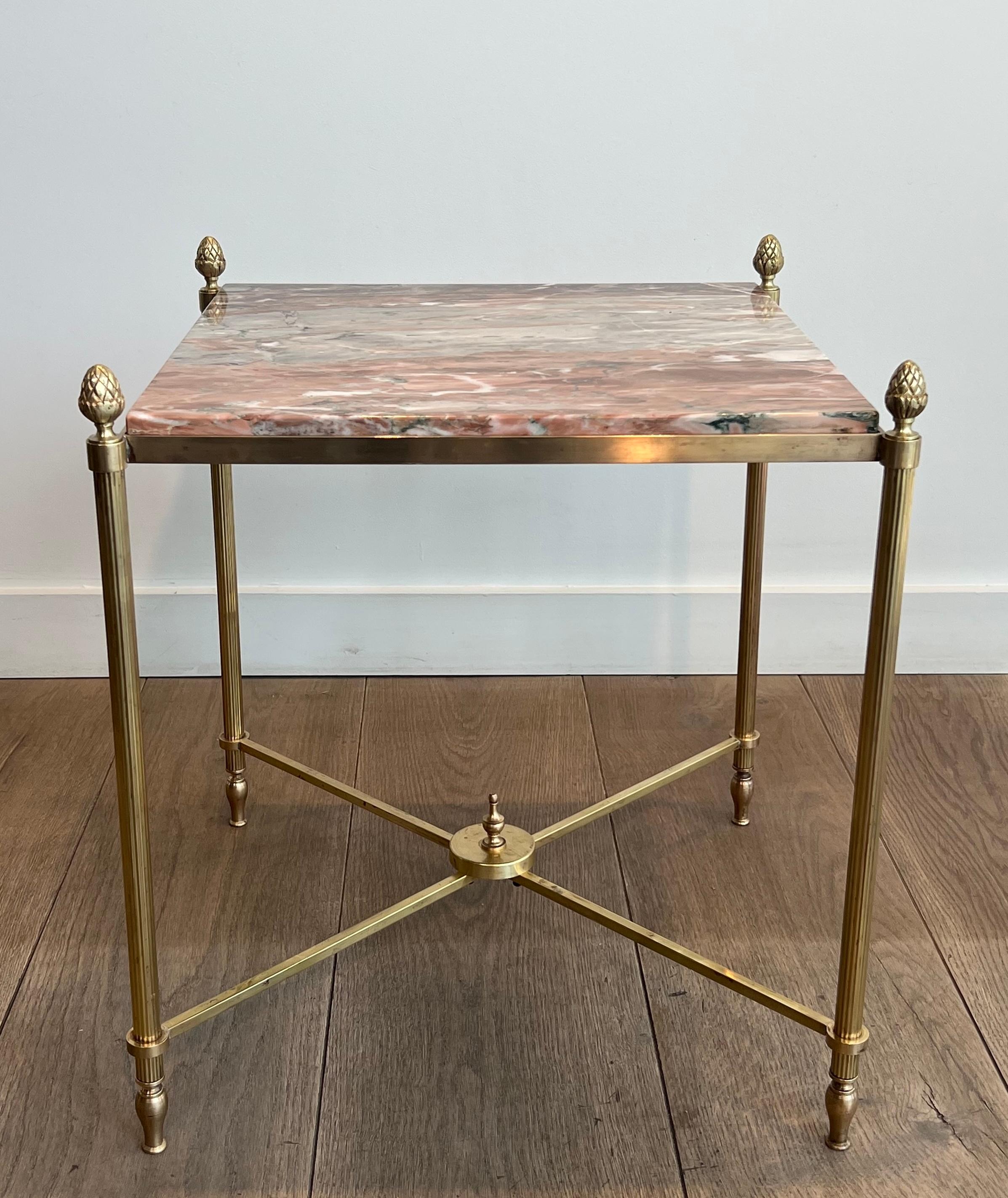 Pair of Neoclassical Style Brass Side Tables with Marble Tops by Maison Jansen For Sale 3