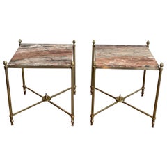 Pair of Neoclassical Style Brass Side Tables with Marble Tops by Maison Jansen