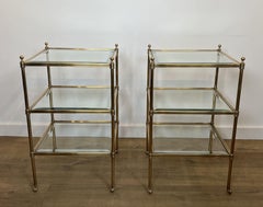 Pair of Neoclassical Style Brass Side Tables with Three Glass Tiers. French Work