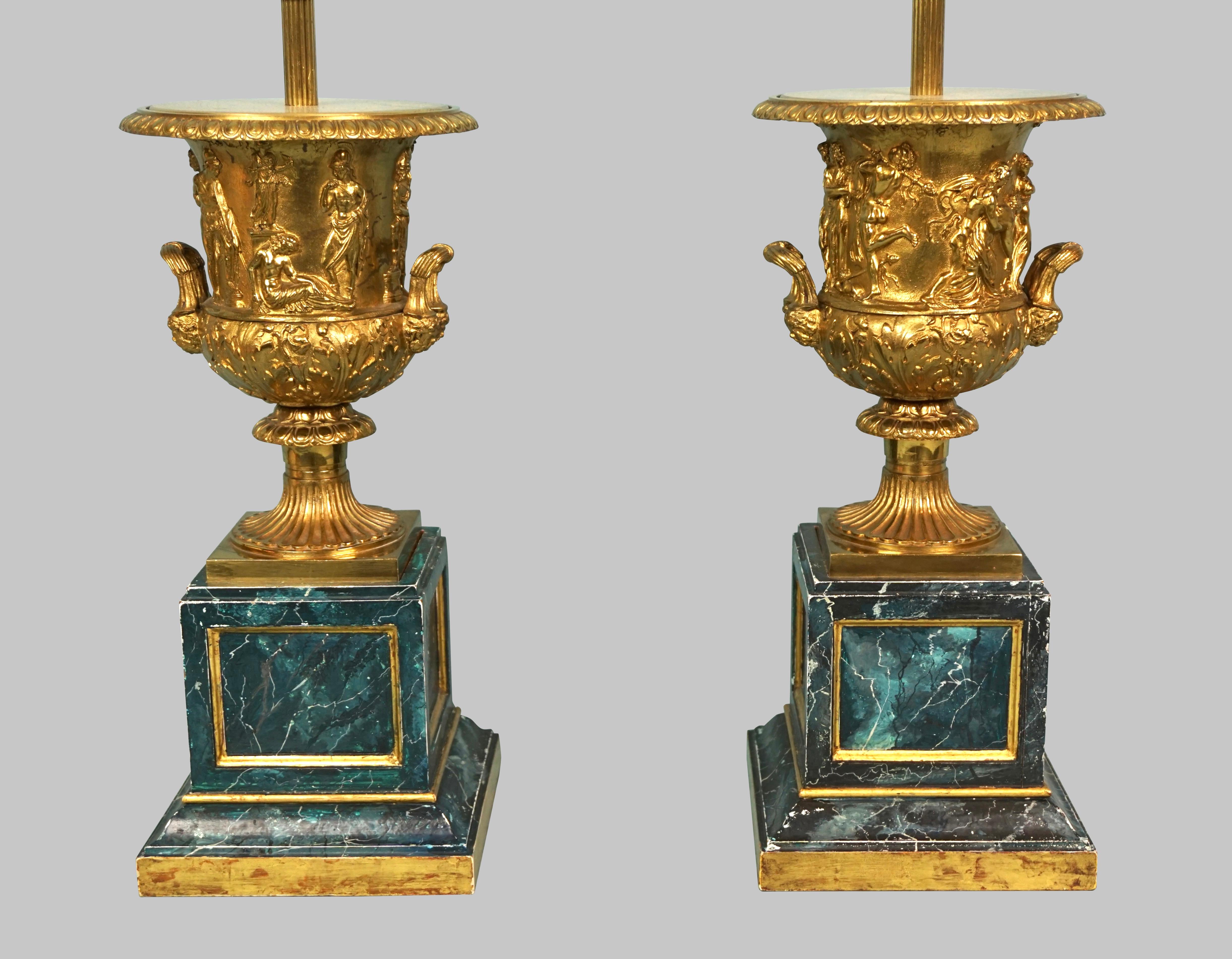 Neoclassical Revival Pair of Neoclassical Style Brass Urns Now as Lamps on Painted Faux Marble Bases