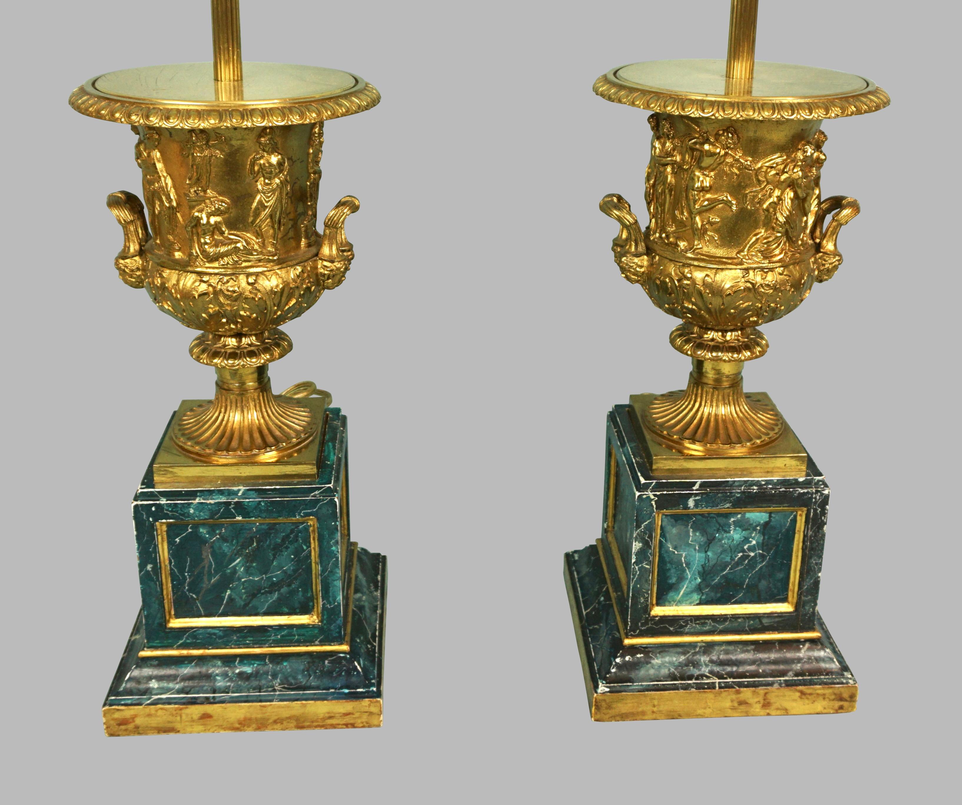 English Pair of Neoclassical Style Brass Urns Now as Lamps on Painted Faux Marble Bases
