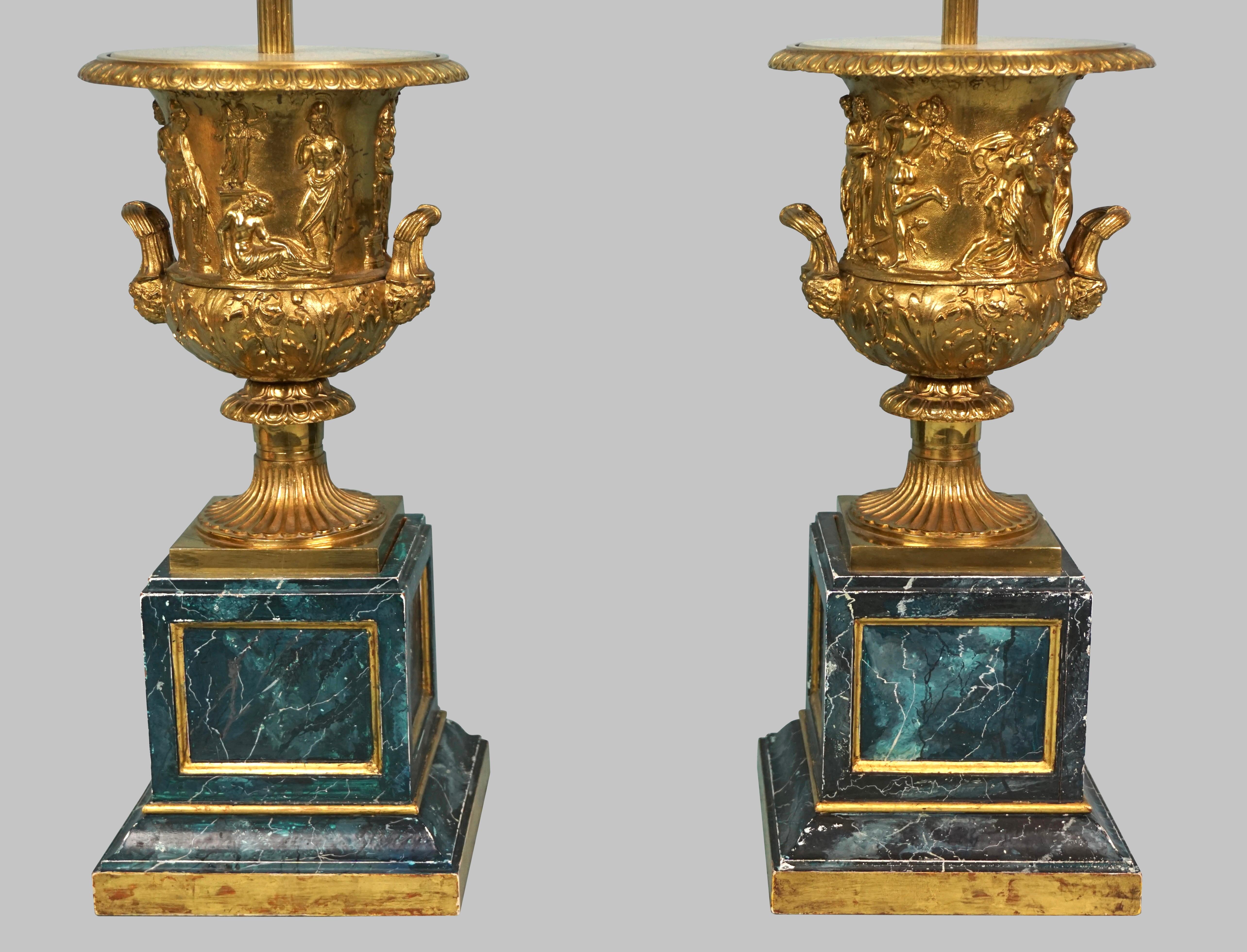 Pair of Neoclassical Style Brass Urns Now as Lamps on Painted Faux Marble Bases In Good Condition In San Francisco, CA