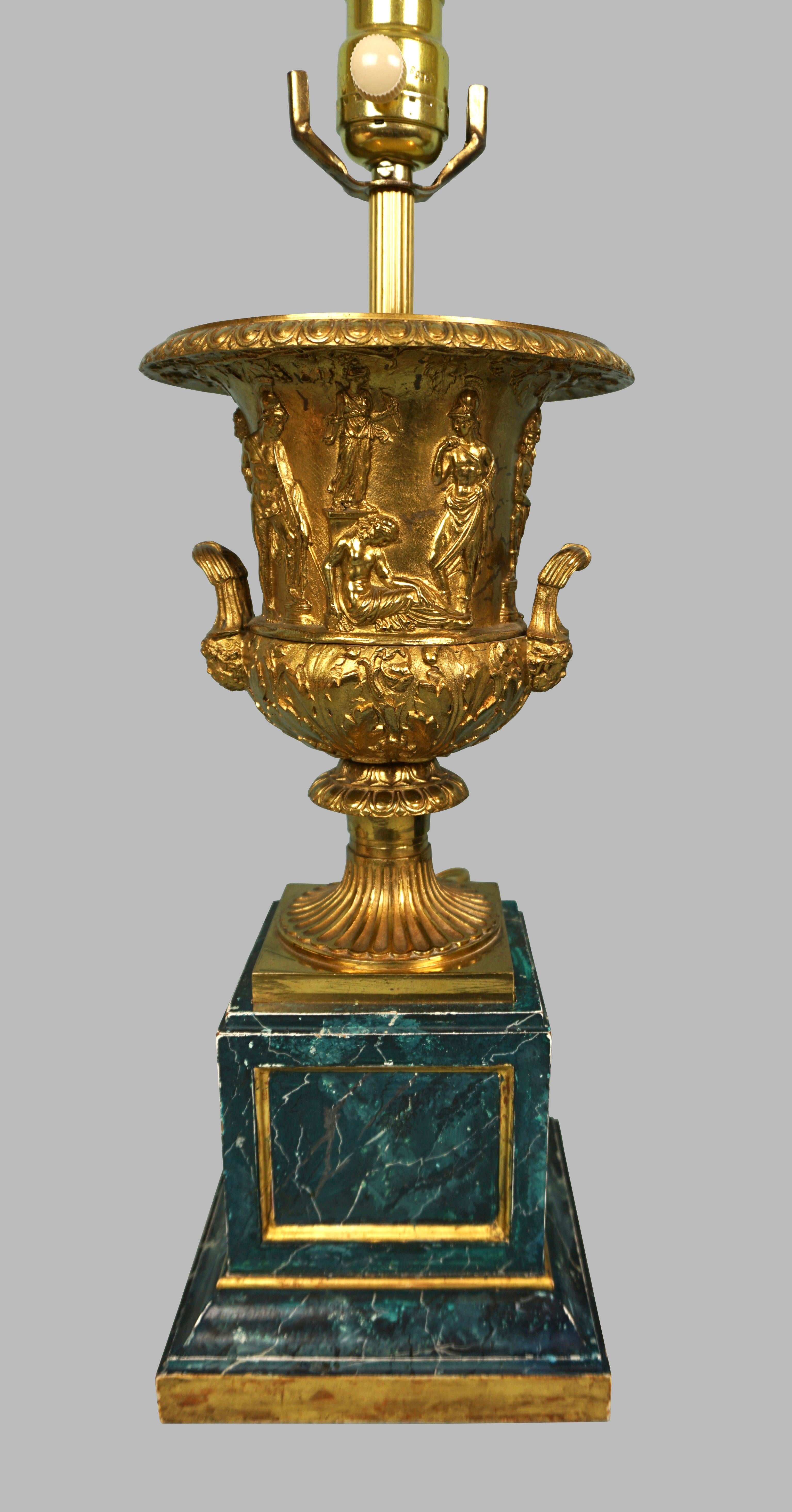 20th Century Pair of Neoclassical Style Brass Urns Now as Lamps on Painted Faux Marble Bases