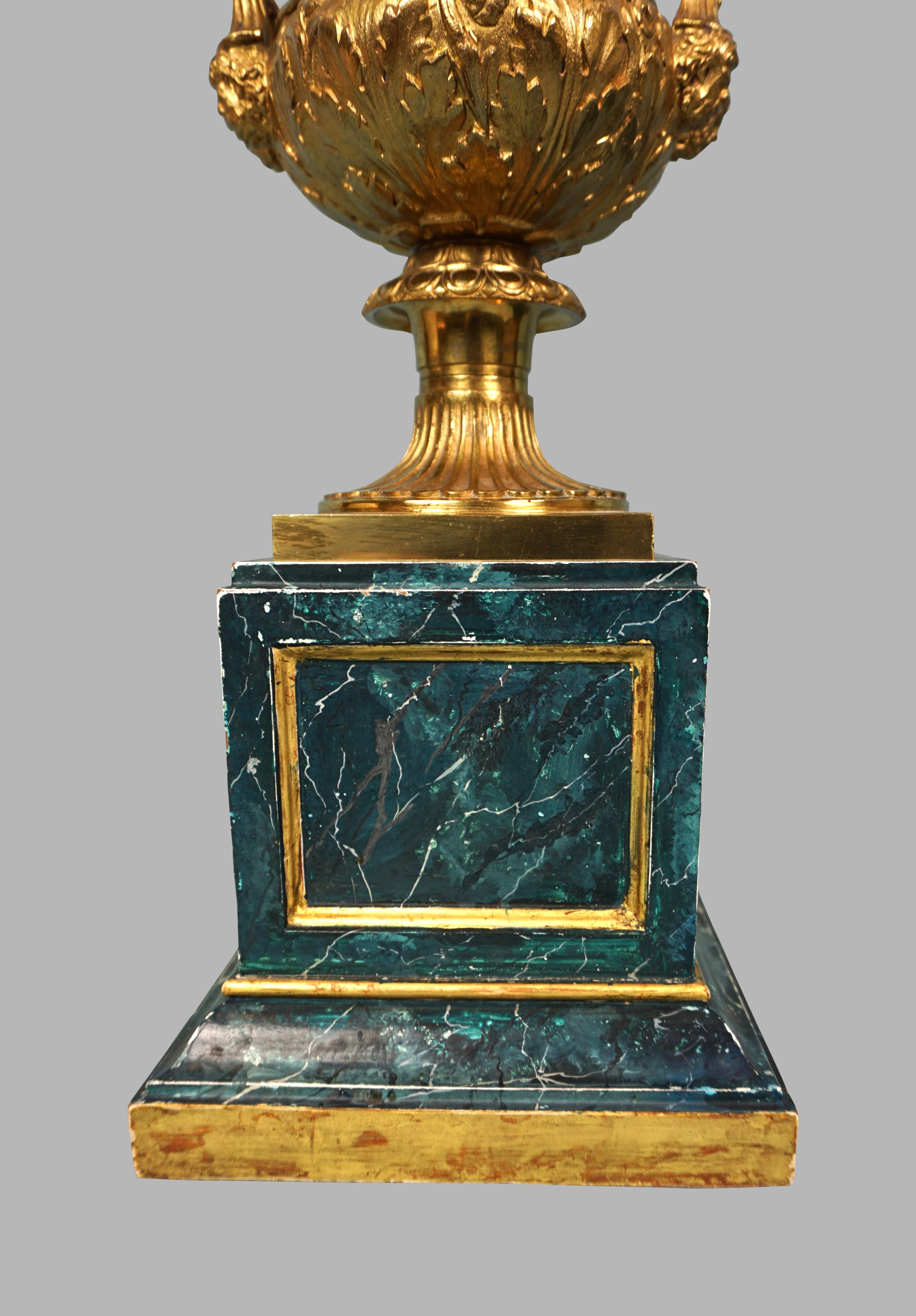 Pair of Neoclassical Style Brass Urns Now as Lamps on Painted Faux Marble Bases 2