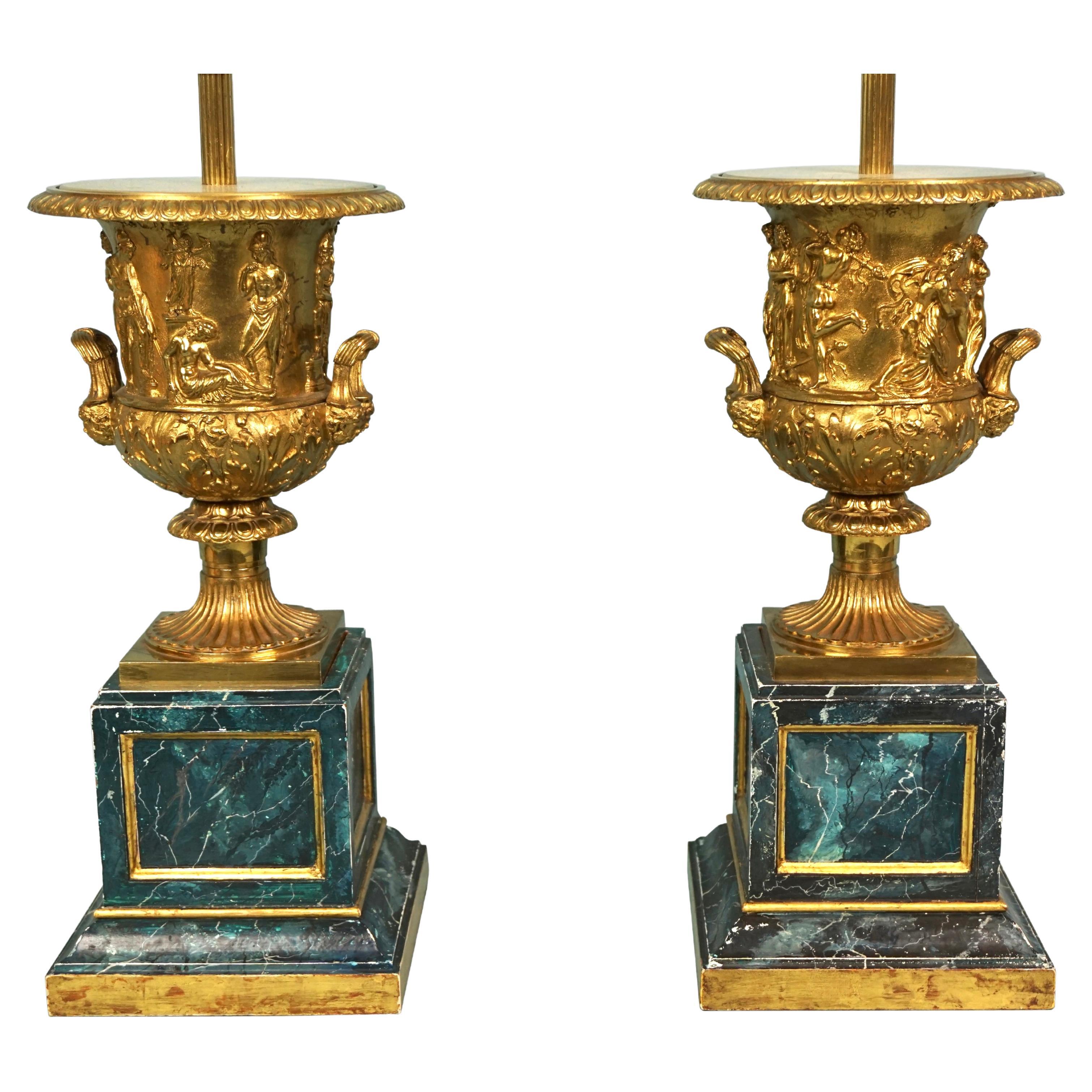 Pair of Neoclassical Style Brass Urns Now as Lamps on Painted Faux Marble Bases