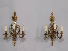 Pair of Neoclassical Style Brass Candelabra Wall Lamp Sconces, France, 1880
