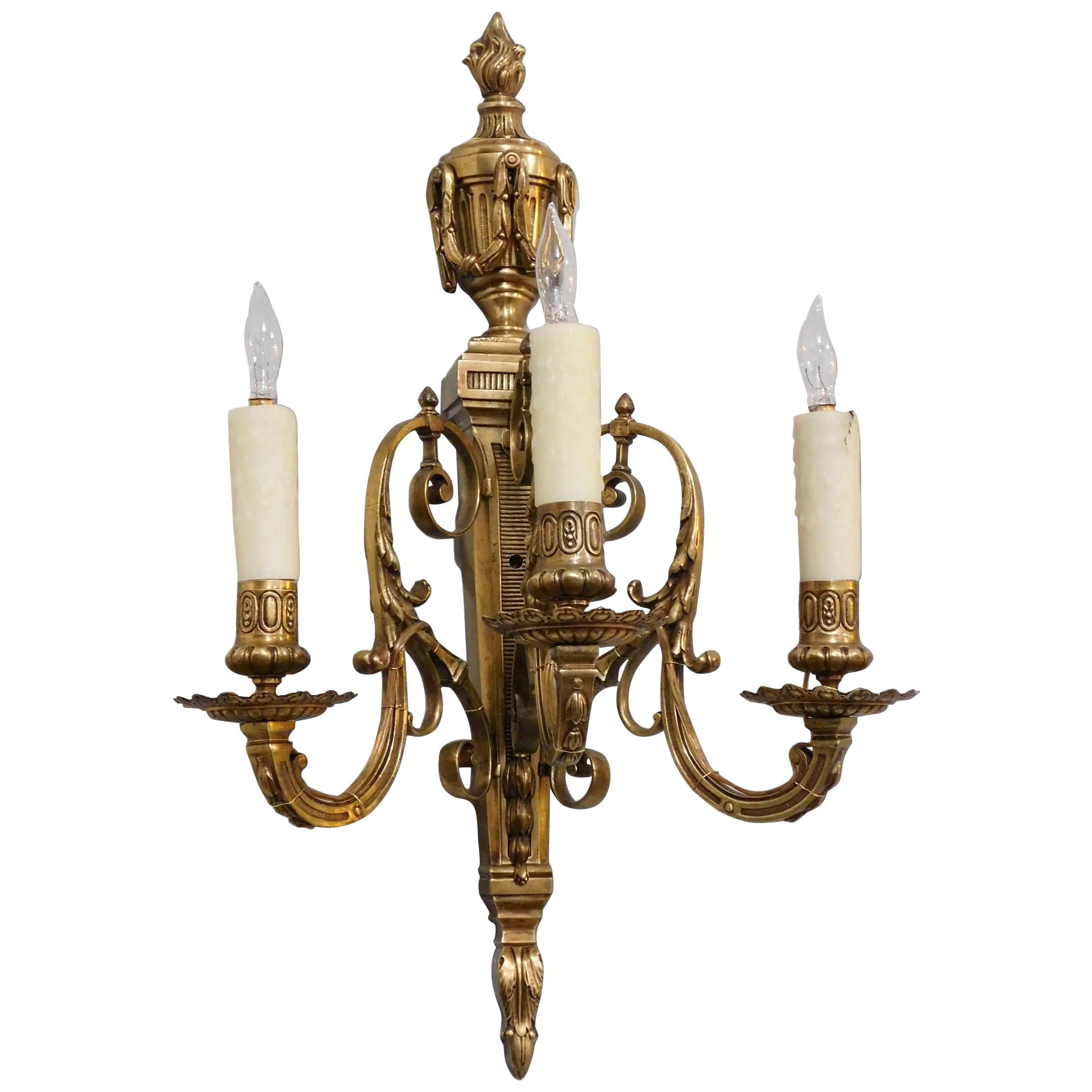 Pair of Neoclassical Style Brass Candelabra Wall Lamp Sconces, France, 1880 For Sale