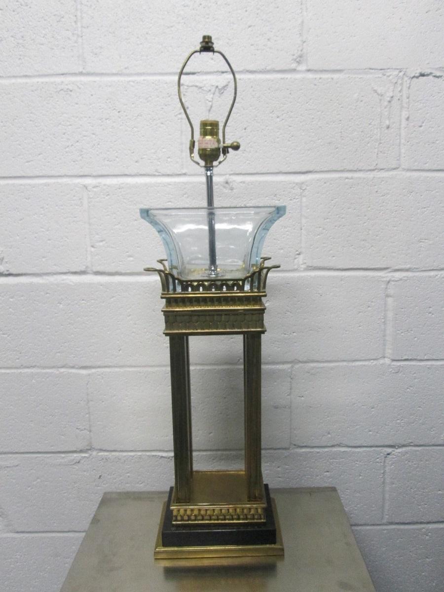 Polished Pair of Neoclassical Style Bronze and Glass Column Lamps For Sale
