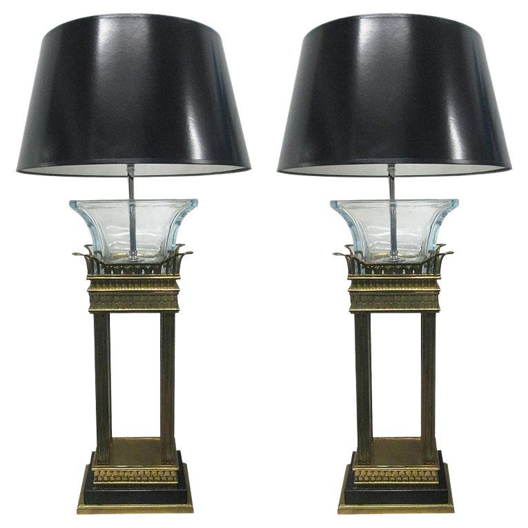 Pair of Neoclassical Style Bronze and Glass Column Lamps For Sale