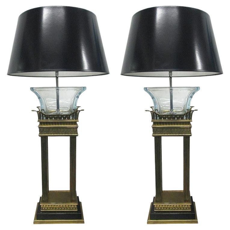 Pair of Neoclassical Style Bronze and Glass Column Lamps