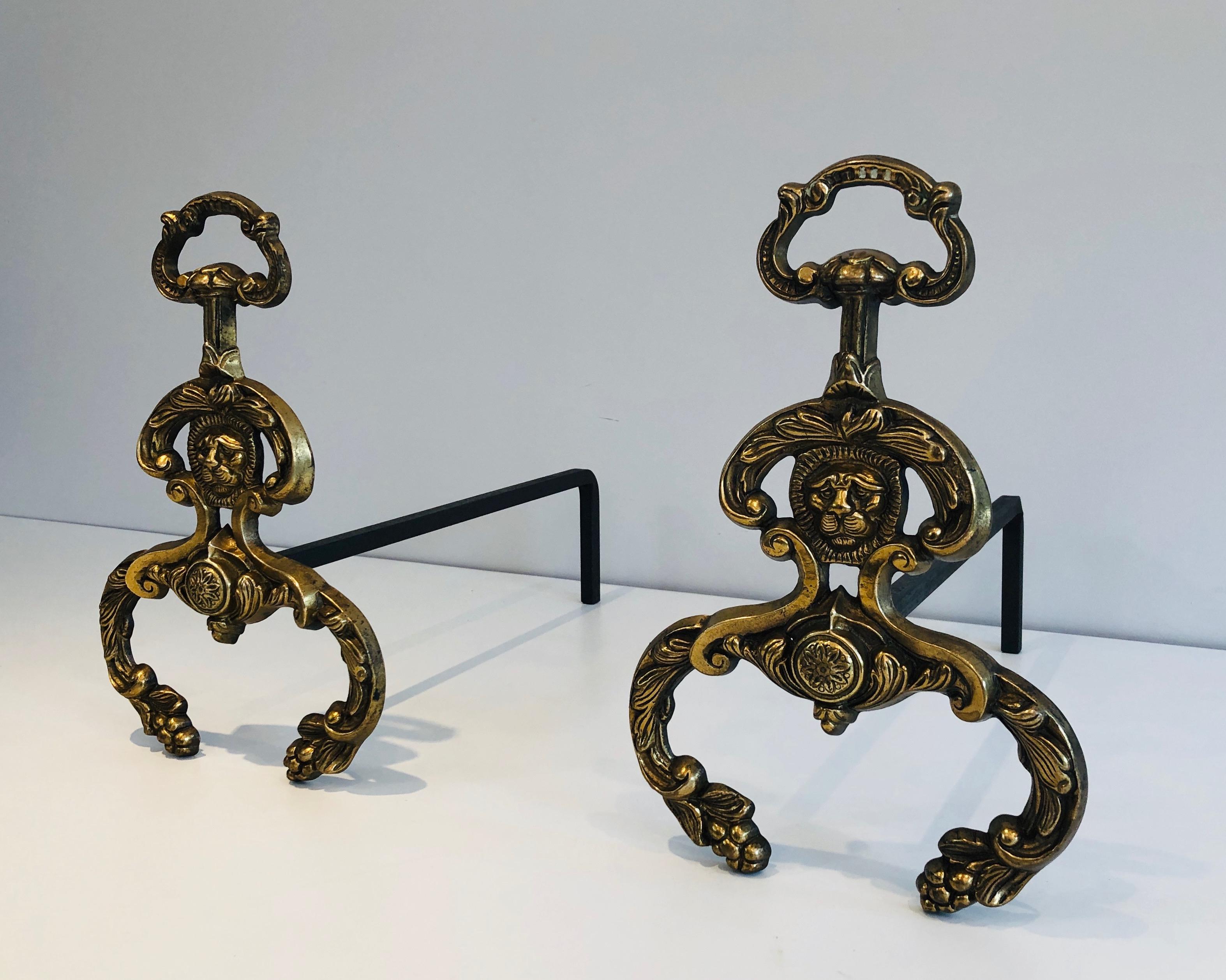 Pair of Neoclassical Style Bronze and Wrought IronAndirons with Lions Faces. F For Sale 7
