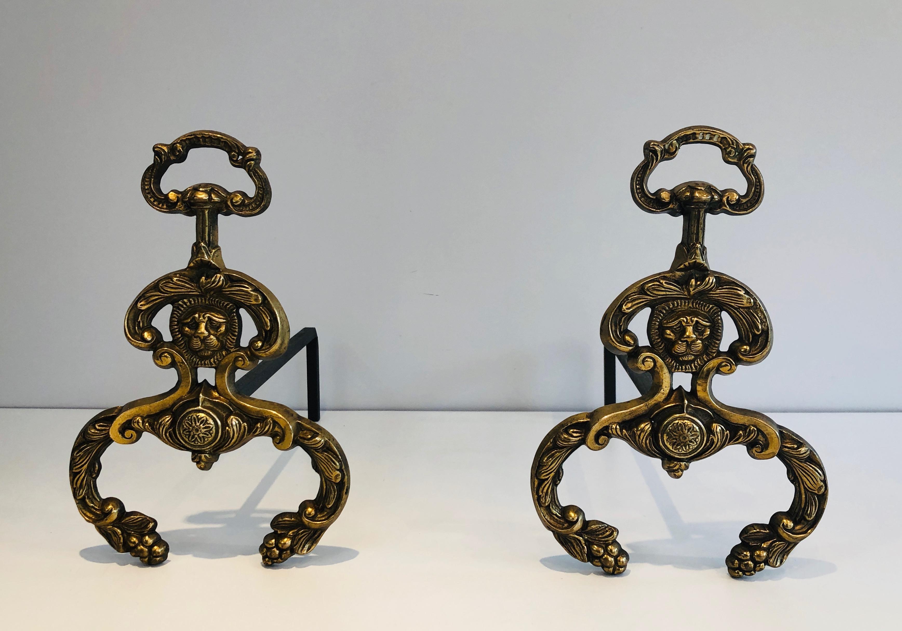 Pair of Neoclassical Style Bronze and Wrought IronAndirons with Lions Faces. F For Sale 8