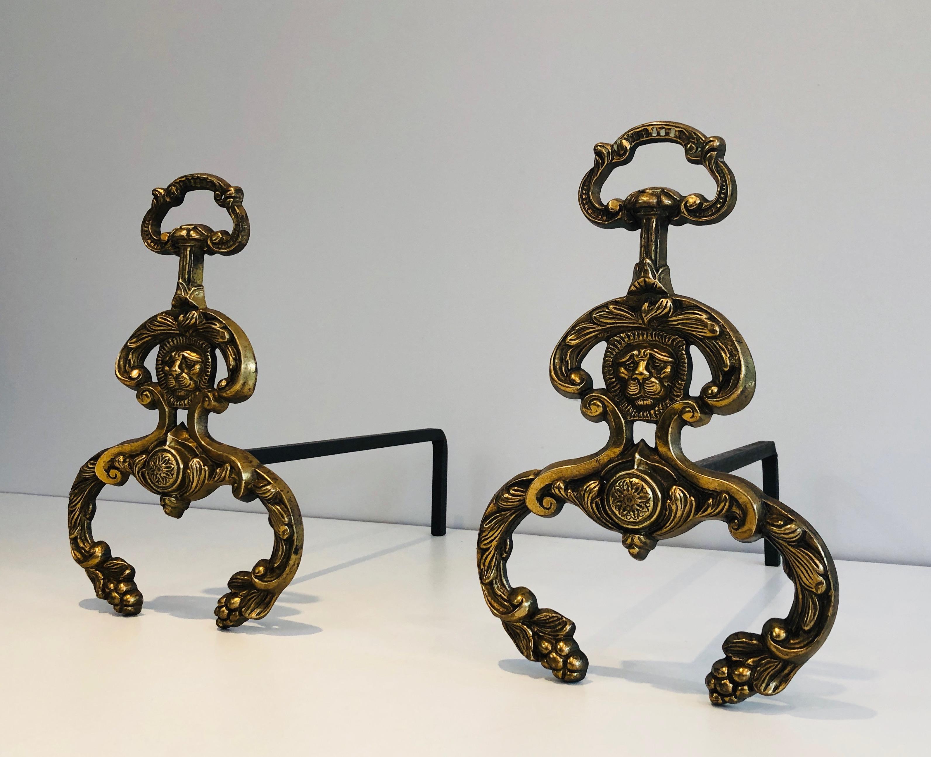 Pair of Neoclassical Style Bronze and Wrought IronAndirons with Lions Faces. F For Sale 10