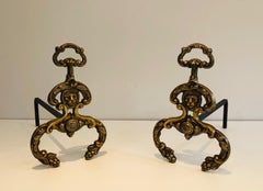 Pair of Neoclassical Style Bronze and Wrought IronAndirons with Lions Faces. F