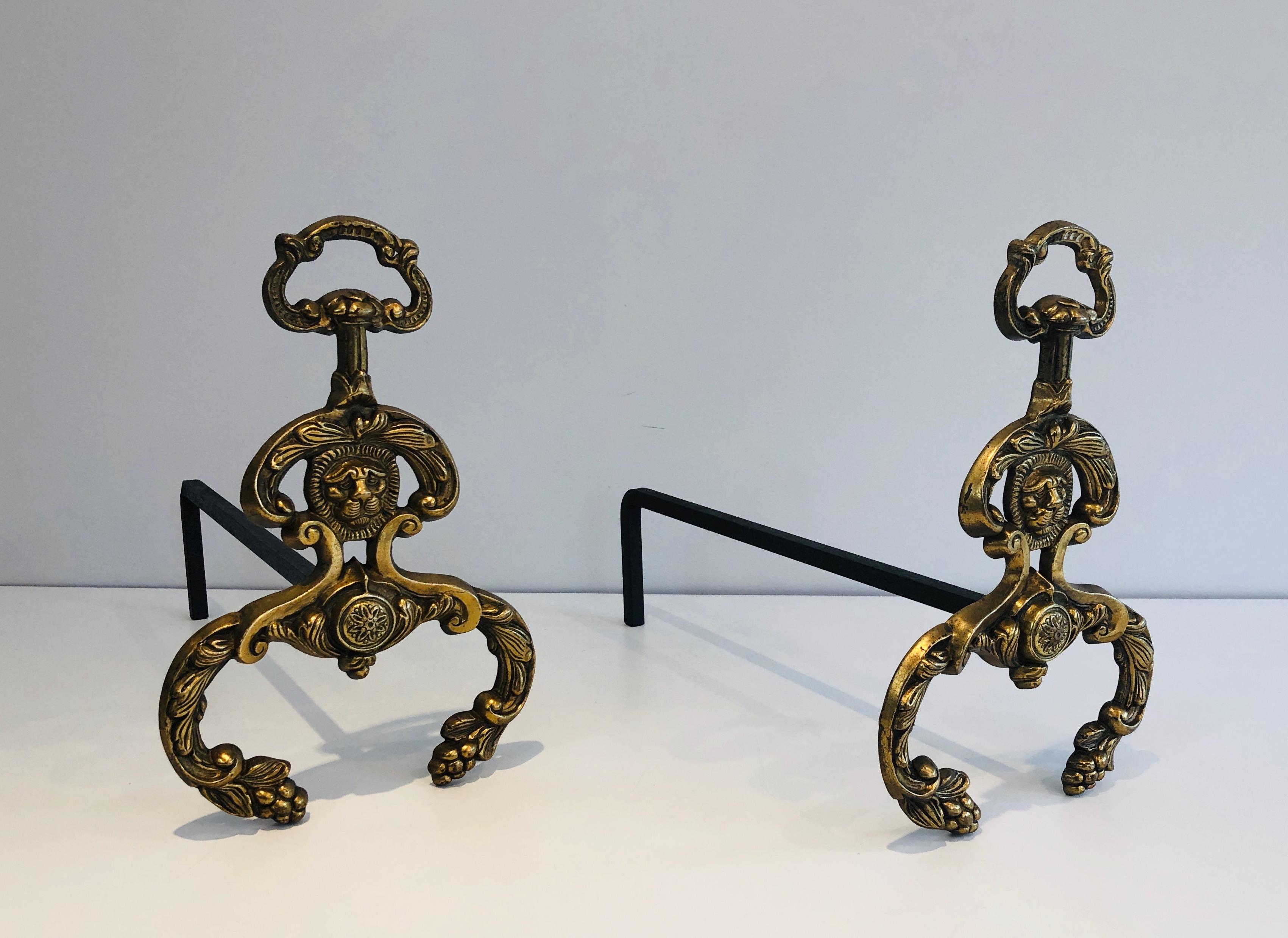 French Pair of Neoclassical Style Bronze and Wrought IronAndirons with Lions Faces. F For Sale