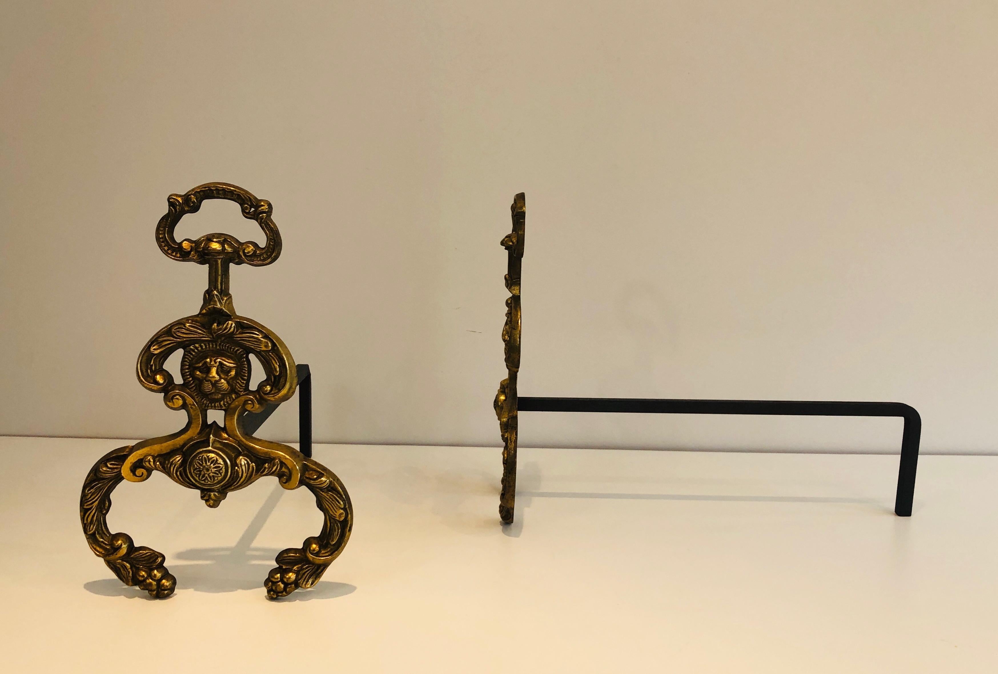 Pair of Neoclassical Style Bronze and Wrought IronAndirons with Lions Faces. F In Good Condition For Sale In Marcq-en-Barœul, Hauts-de-France