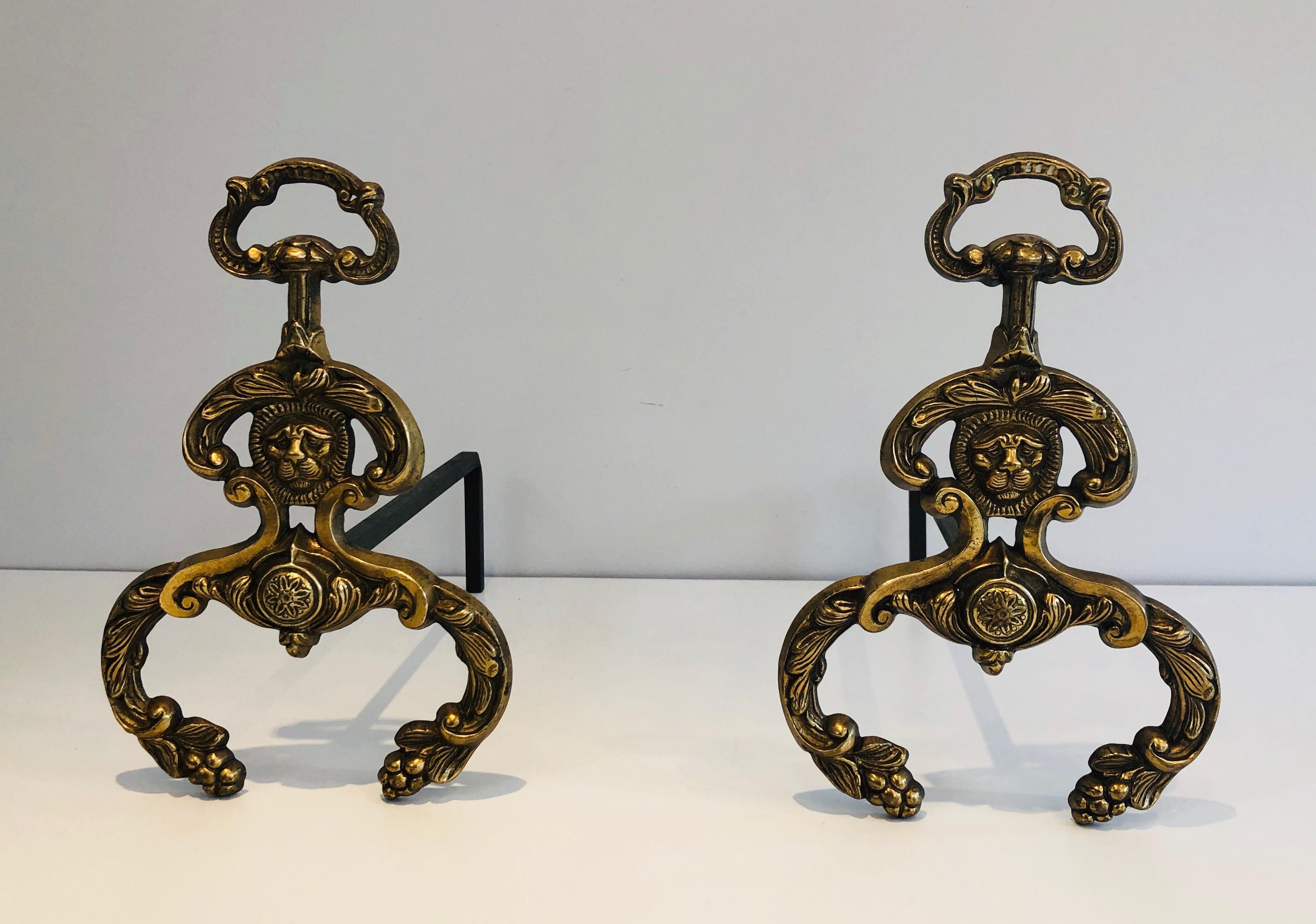 Pair of Neoclassical Style Bronze and Wrought IronAndirons with Lions Faces. F For Sale 4