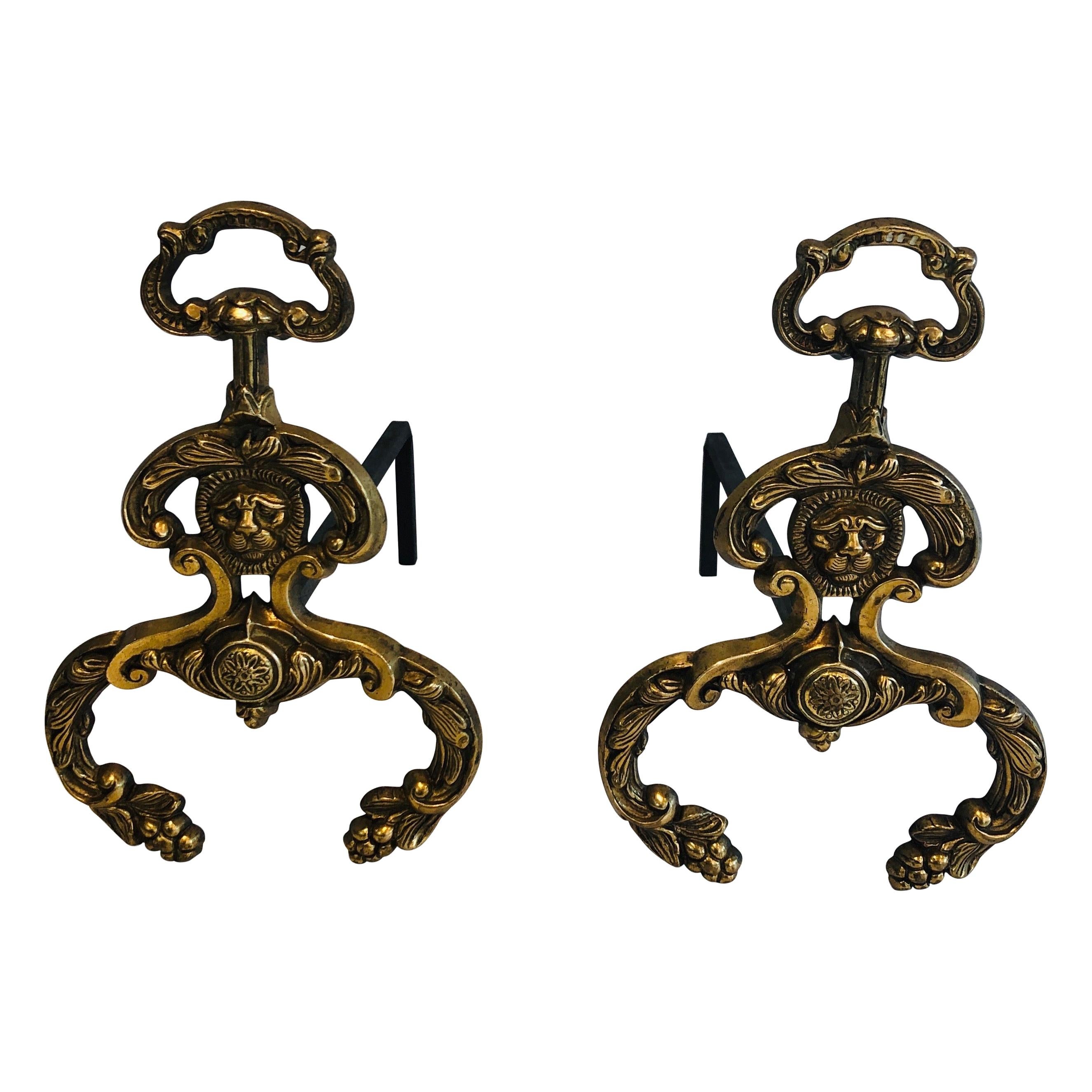 Pair of Neoclassical Style Bronze and Wrought IronAndirons with Lions Faces. F For Sale