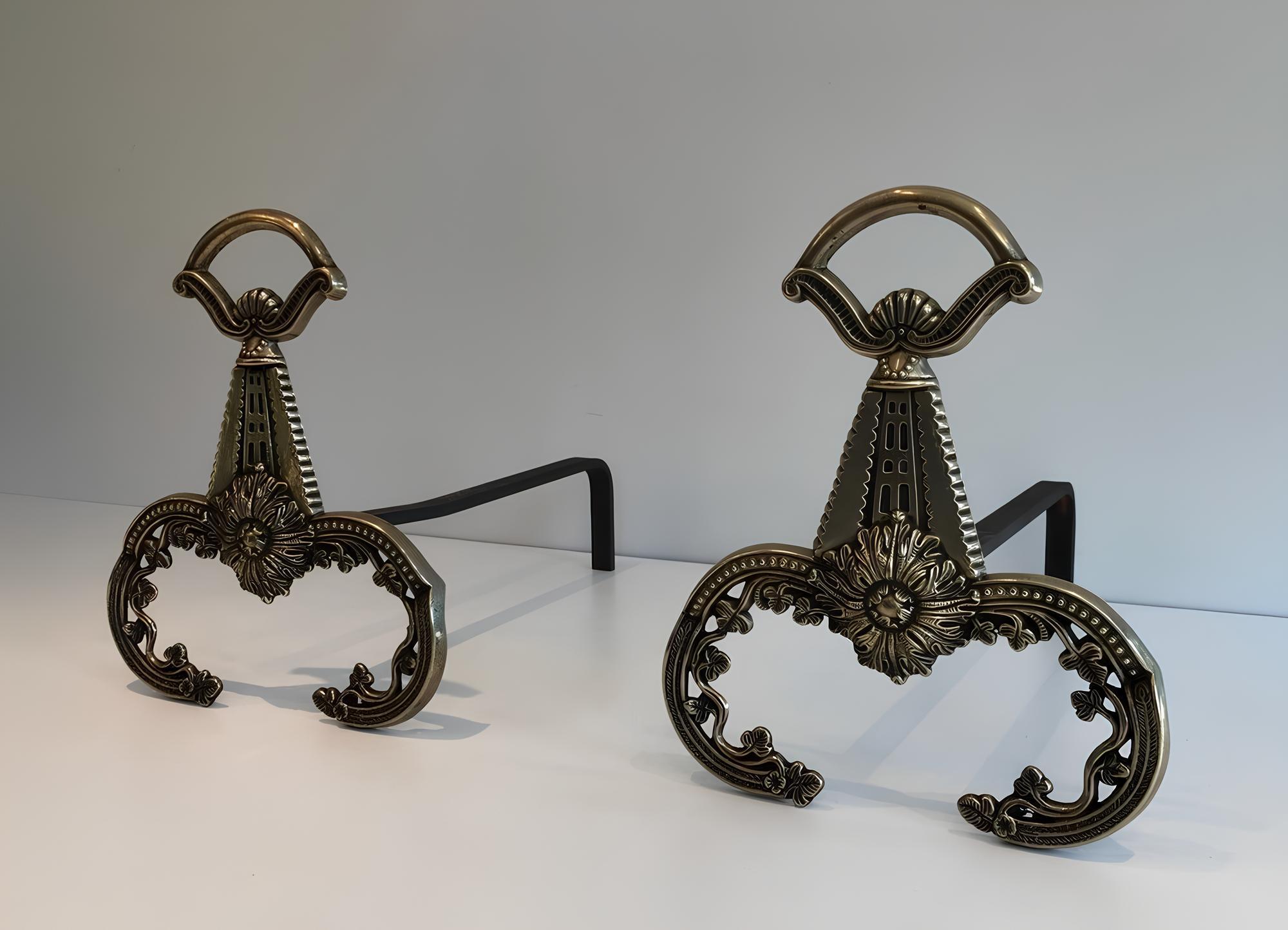 Pair of Neoclassical Style Bronze Andirons For Sale 2