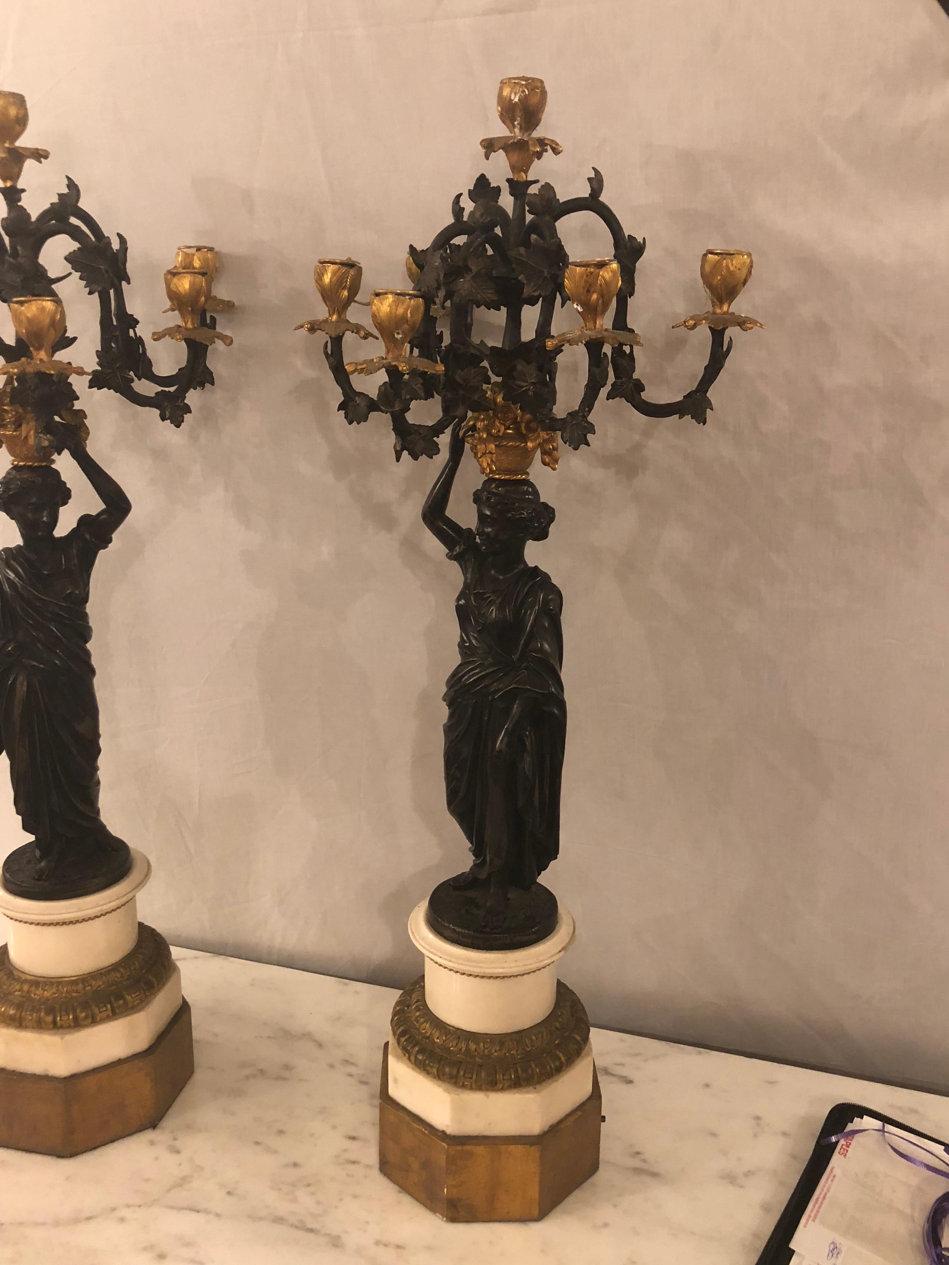 Pair of Neoclassical Style Bronze Six-Arm Figural Candelabra 7