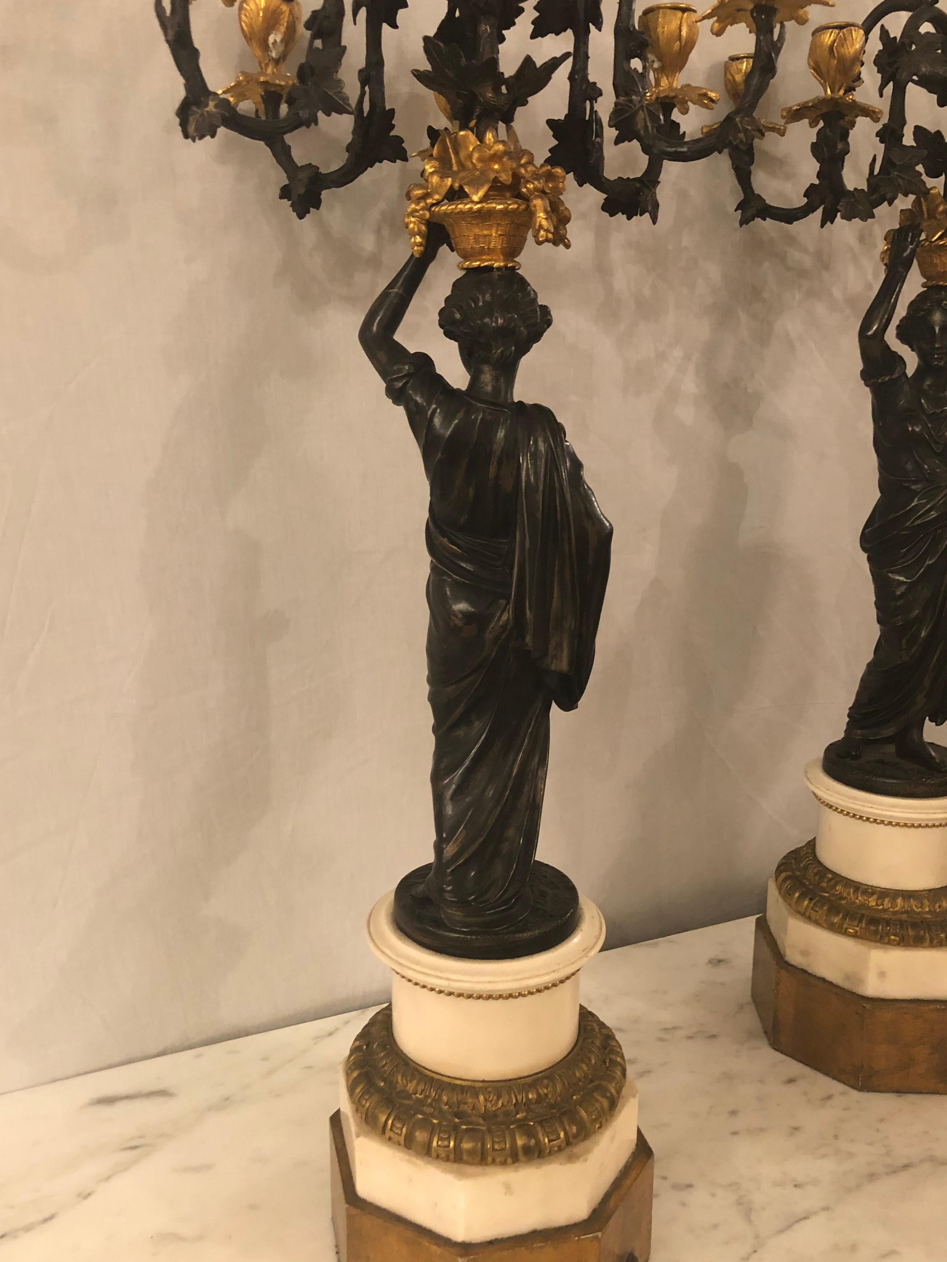 Pair of Neoclassical Style Bronze Six-Arm Figural Candelabra In Good Condition In Stamford, CT